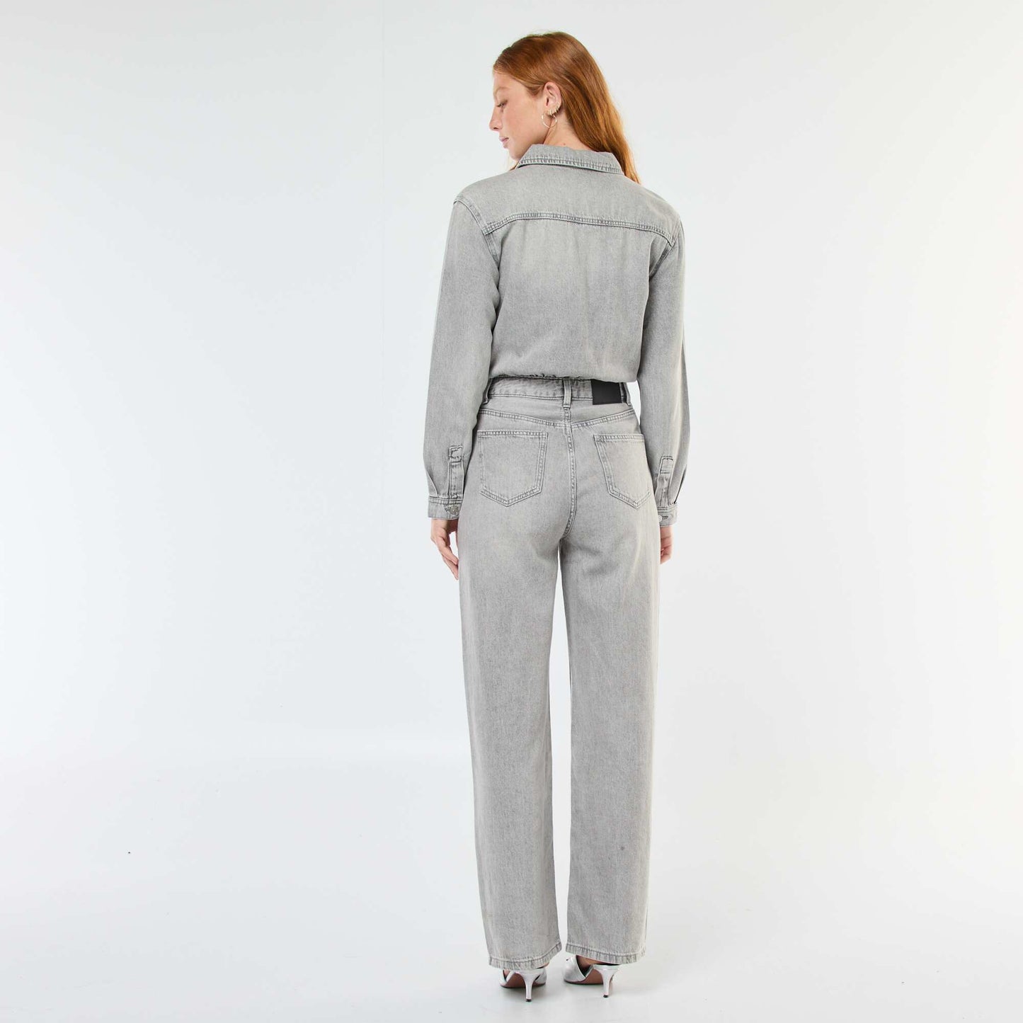 Long-Sleeve Denim Jumpsuit GREY