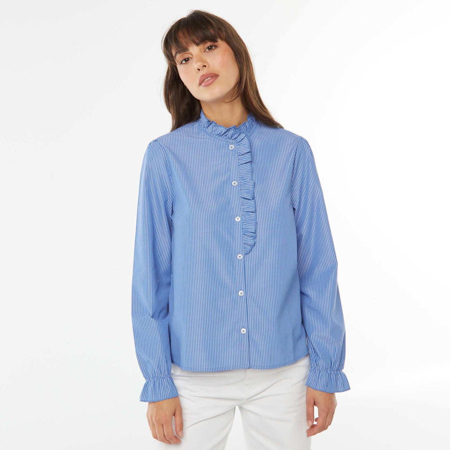 Poplin shirt with ruffled placket BLUE