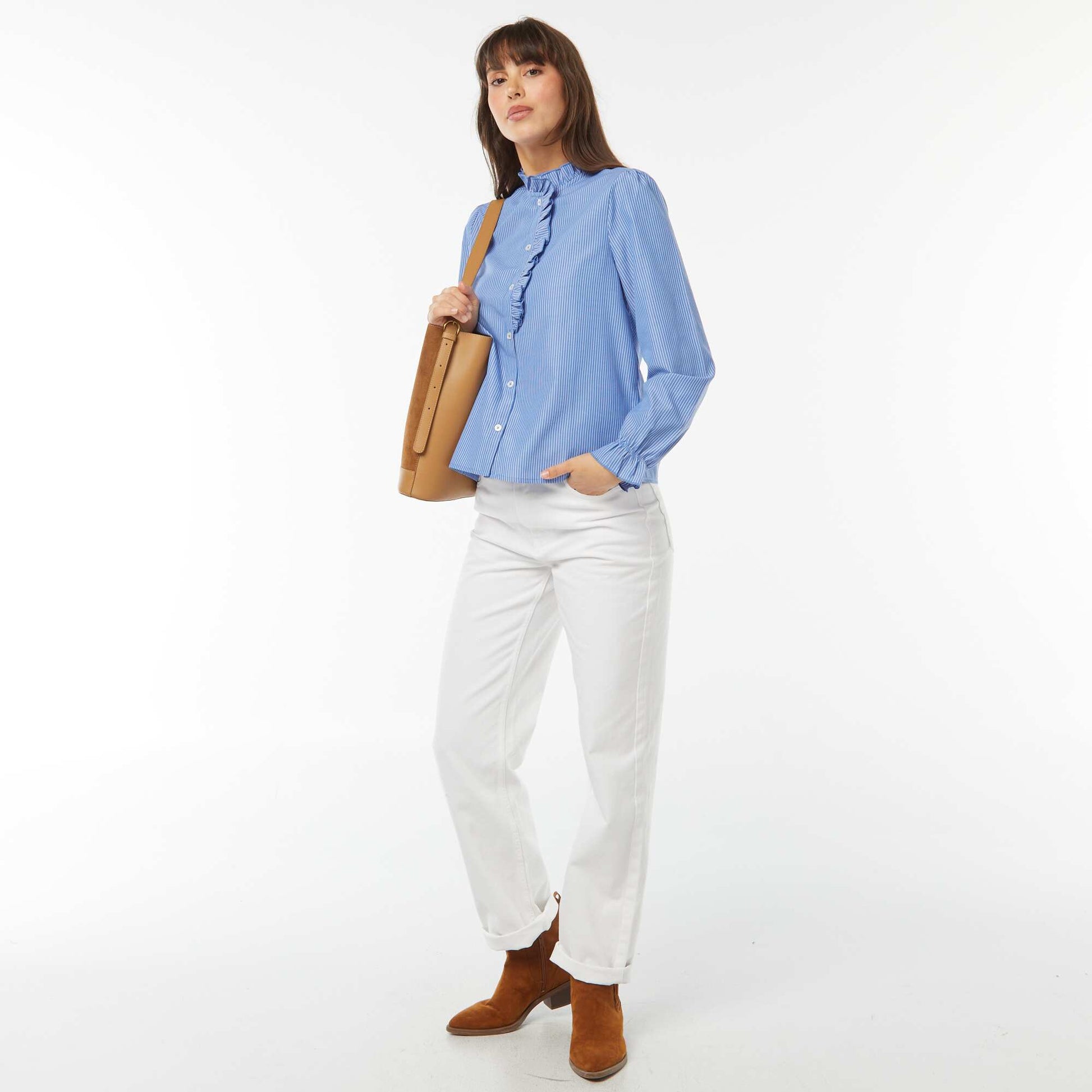 Poplin shirt with ruffled placket BLUE