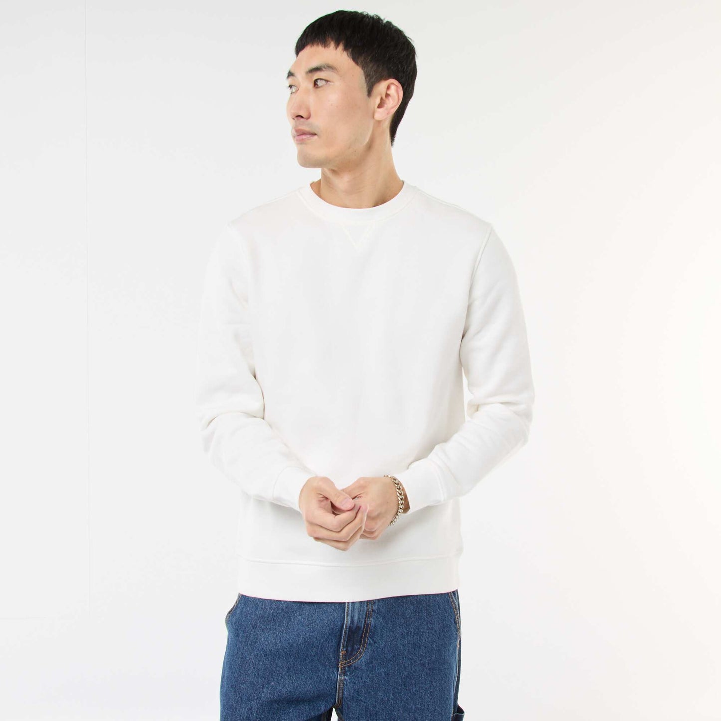 Plain Crew Neck Sweatshirt in Brushed Fleece WHITE