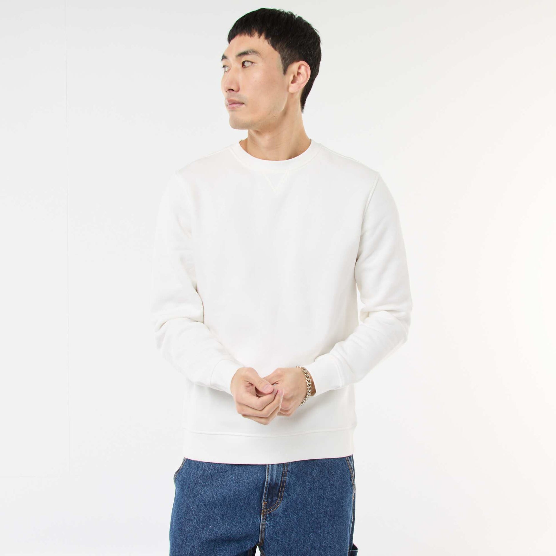 Plain Crew Neck Sweatshirt in Brushed Fleece WHITE