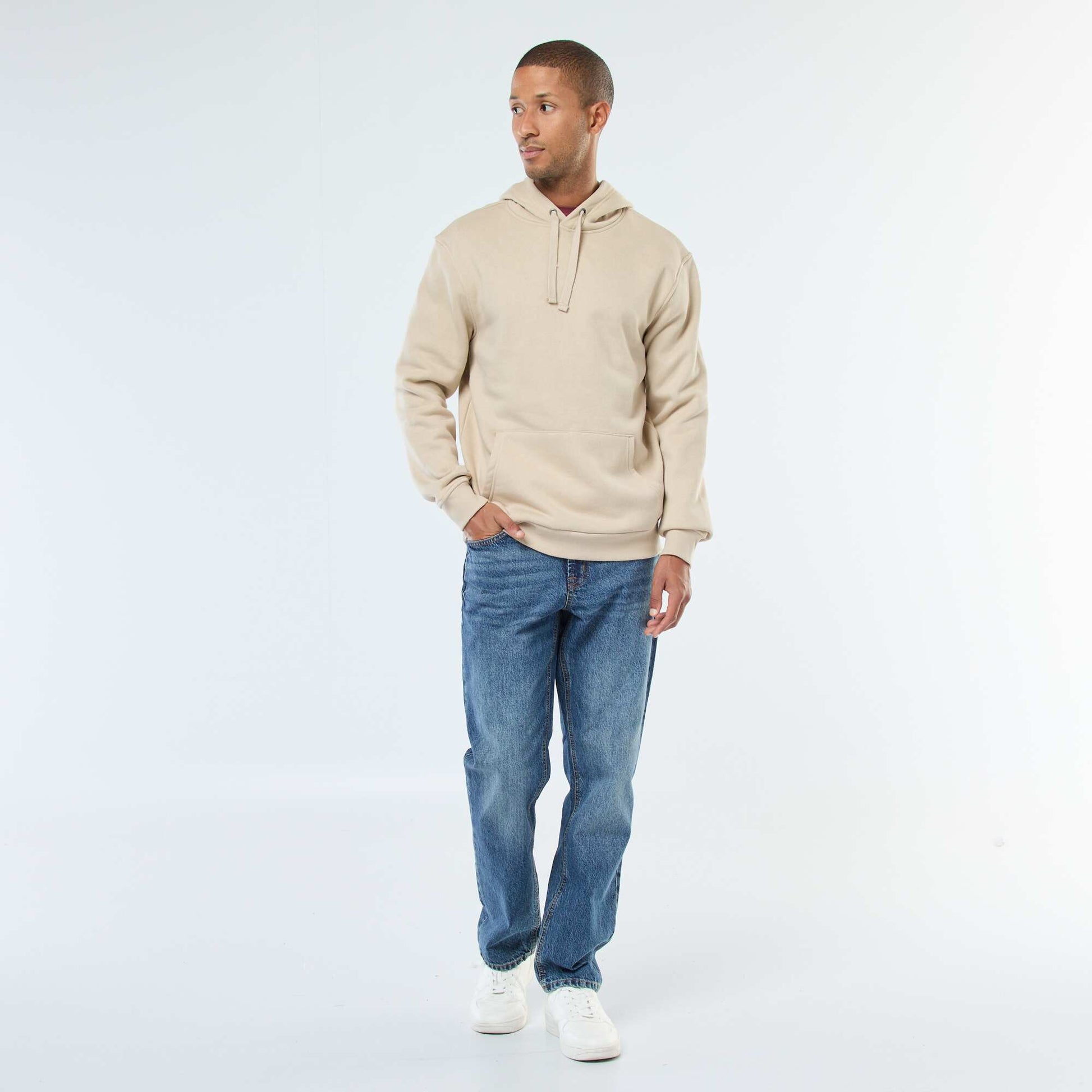 Brushed Fleece Hoodie with Kangaroo Pocket BEIGE