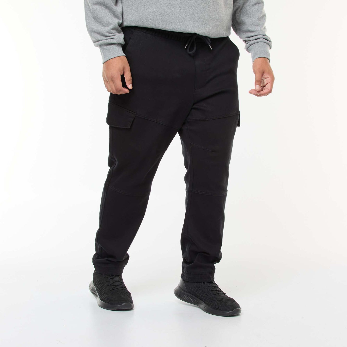 Solid Multi-Pocket Trousers with Elasticated Waistband BLACK