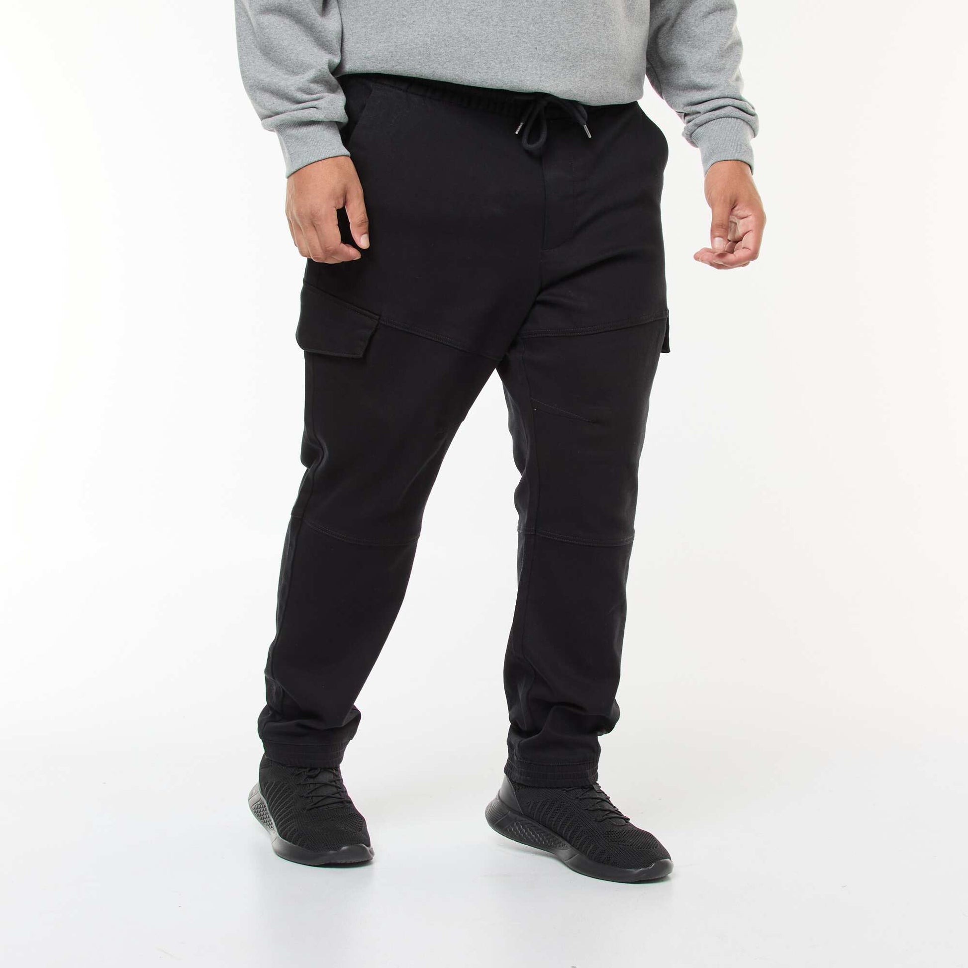 Solid Multi-Pocket Trousers with Elasticated Waistband BLACK