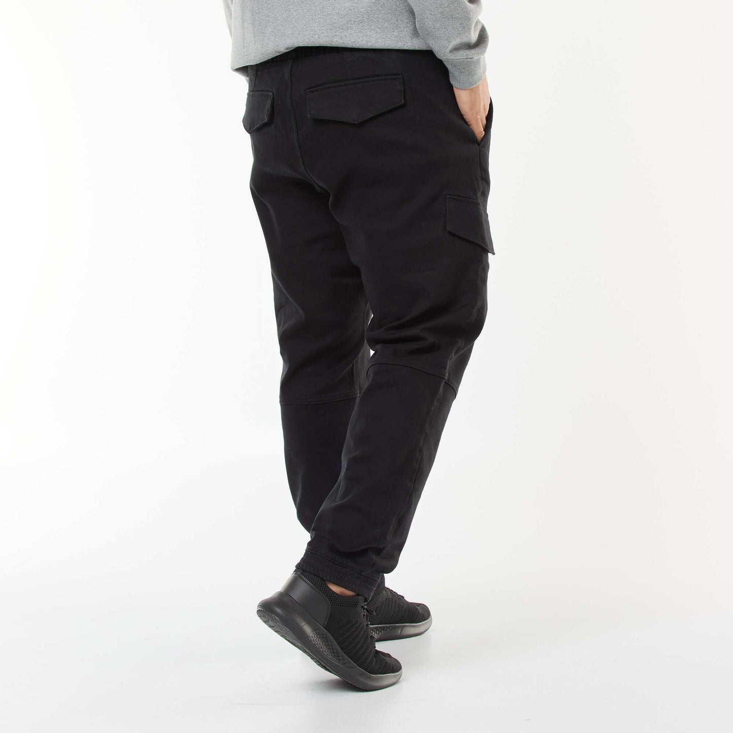 Solid Multi-Pocket Trousers with Elasticated Waistband BLACK
