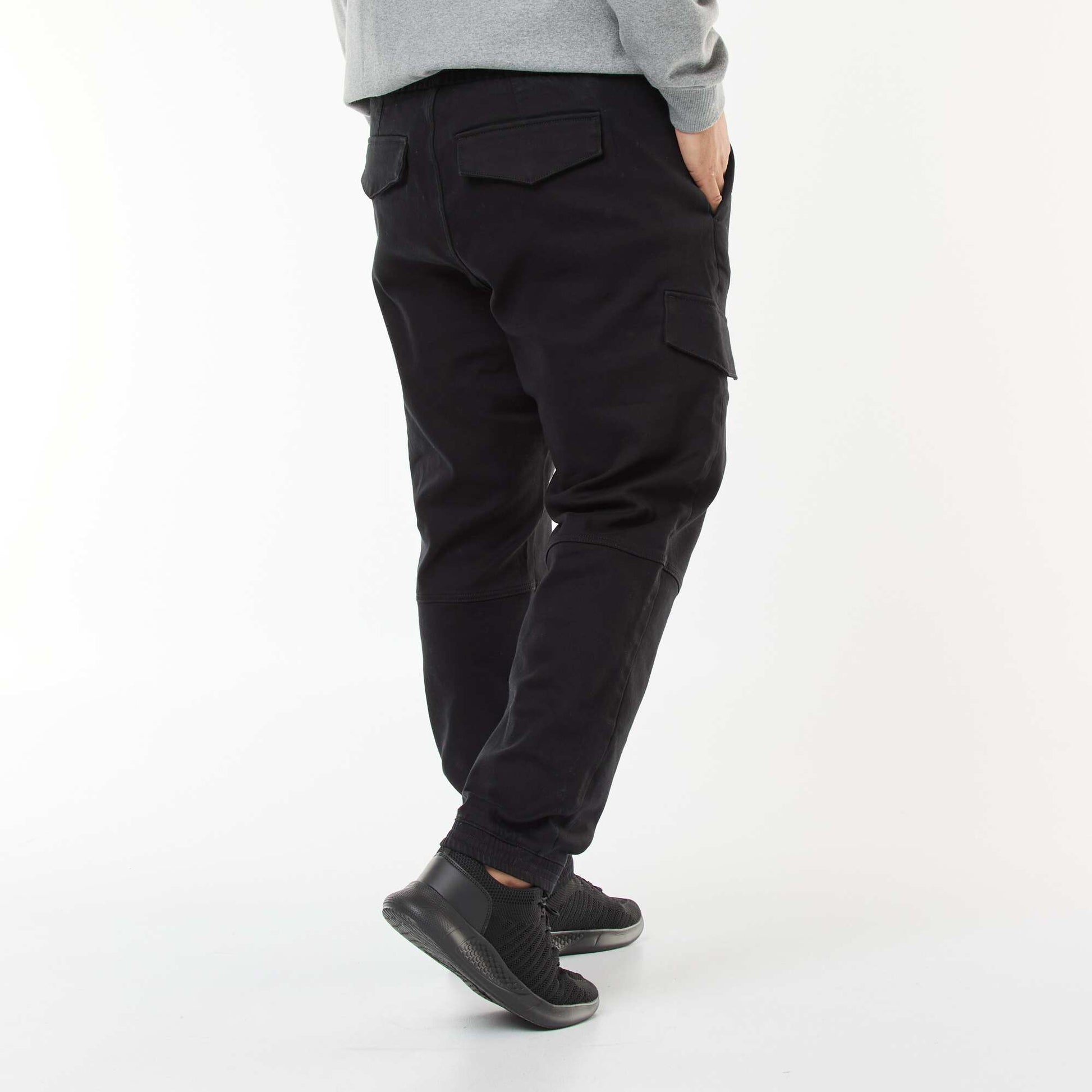 Solid Multi-Pocket Trousers with Elasticated Waistband BLACK
