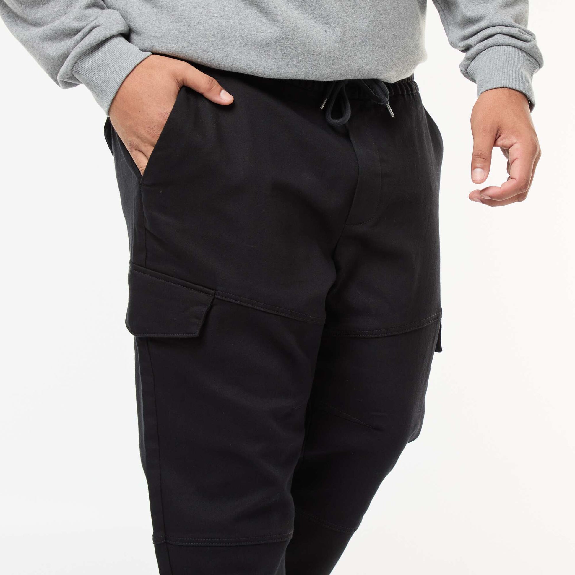 Solid Multi-Pocket Trousers with Elasticated Waistband BLACK