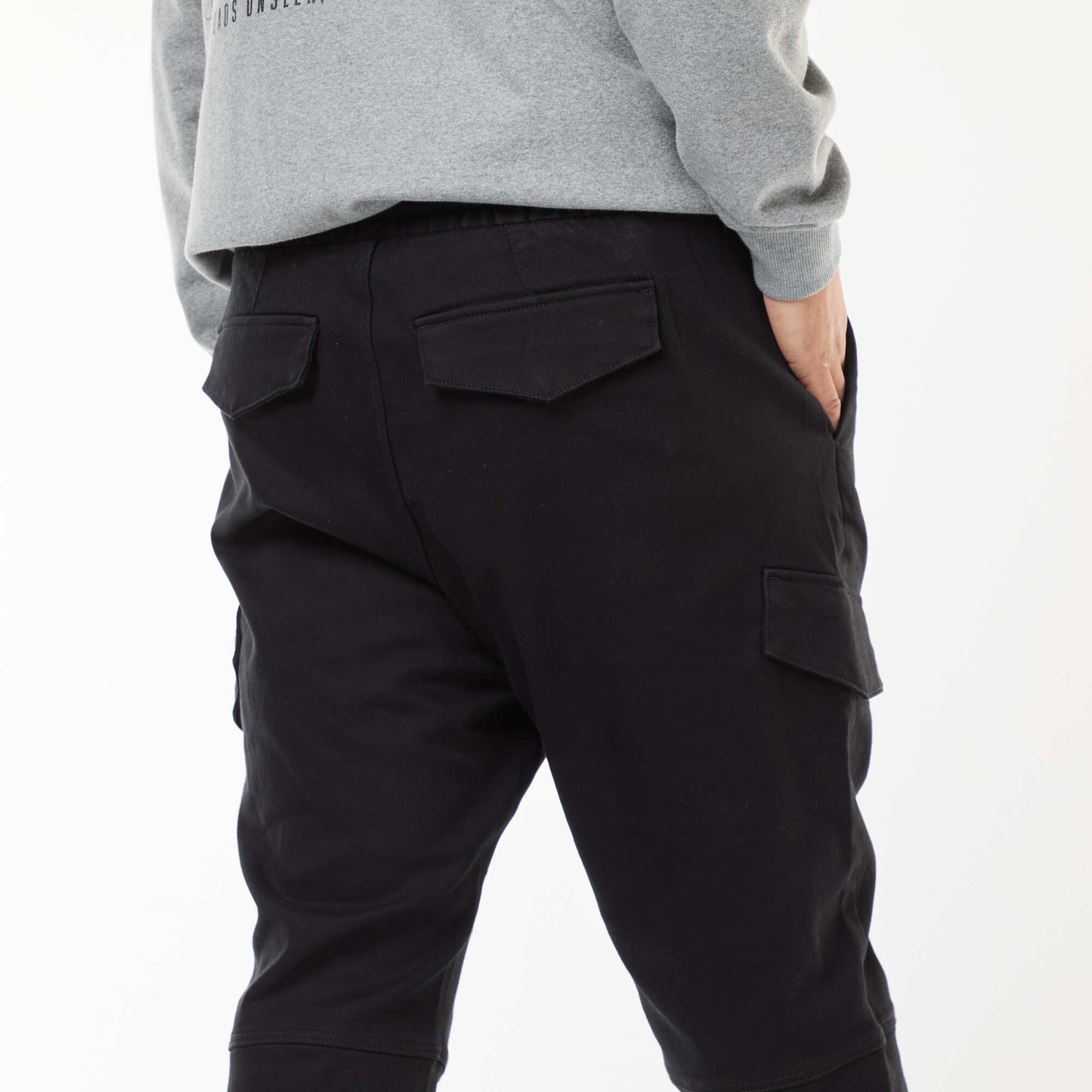 Solid Multi-Pocket Trousers with Elasticated Waistband BLACK