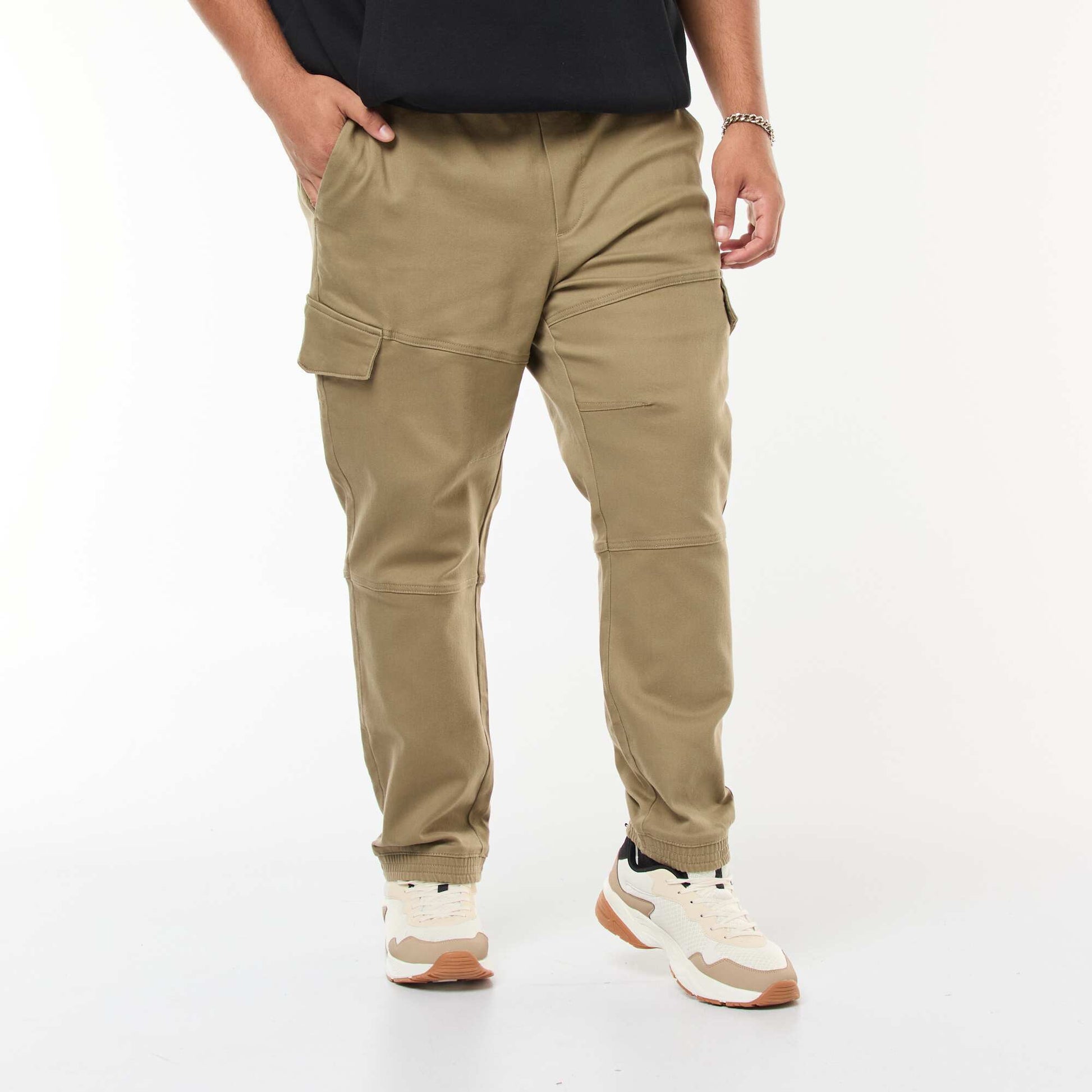 Plain Multi-Pocket Trousers with Elasticated Waistband GREEN