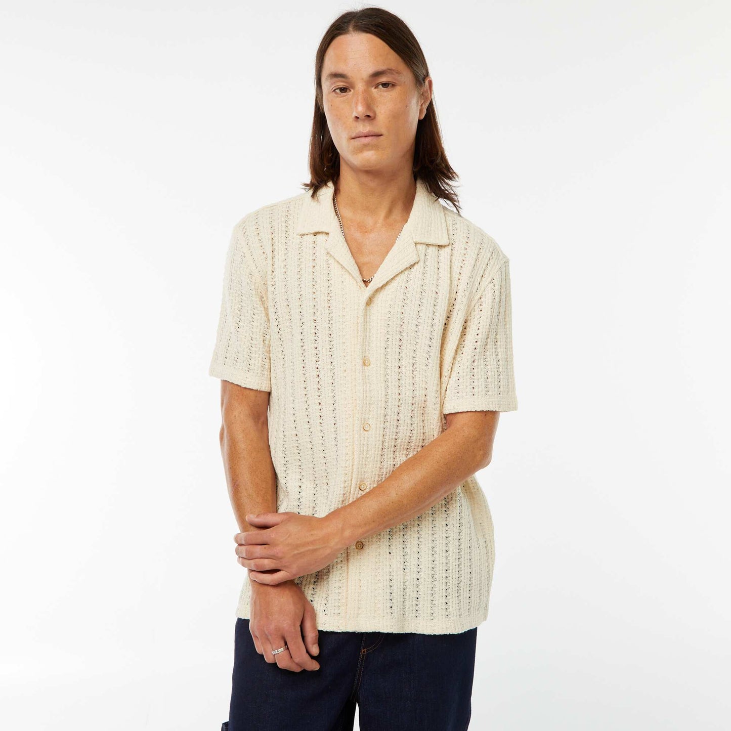 Short-sleeved openwork fabric shirt WHITE