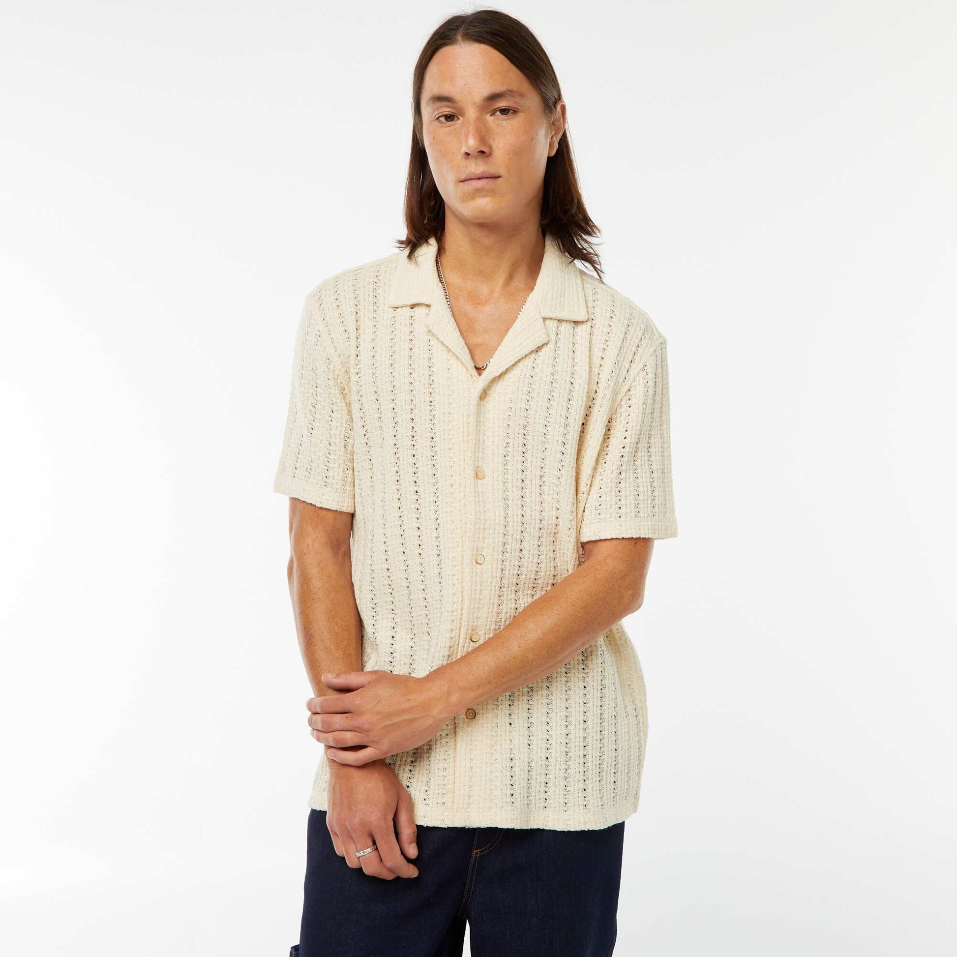 Short-sleeved openwork fabric shirt WHITE