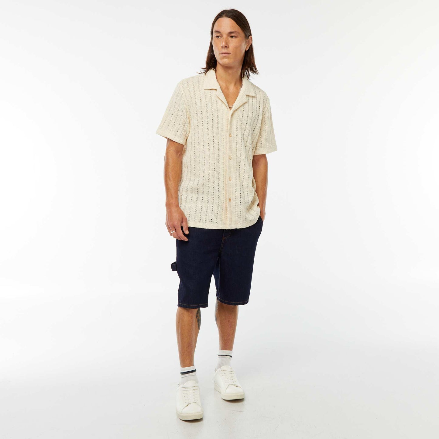 Short-sleeved openwork fabric shirt WHITE
