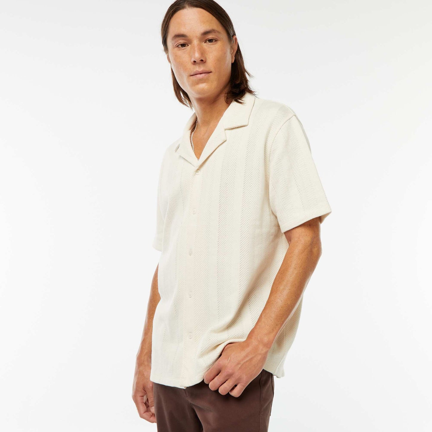 Short-sleeved openwork knit fabric shirt WHITE