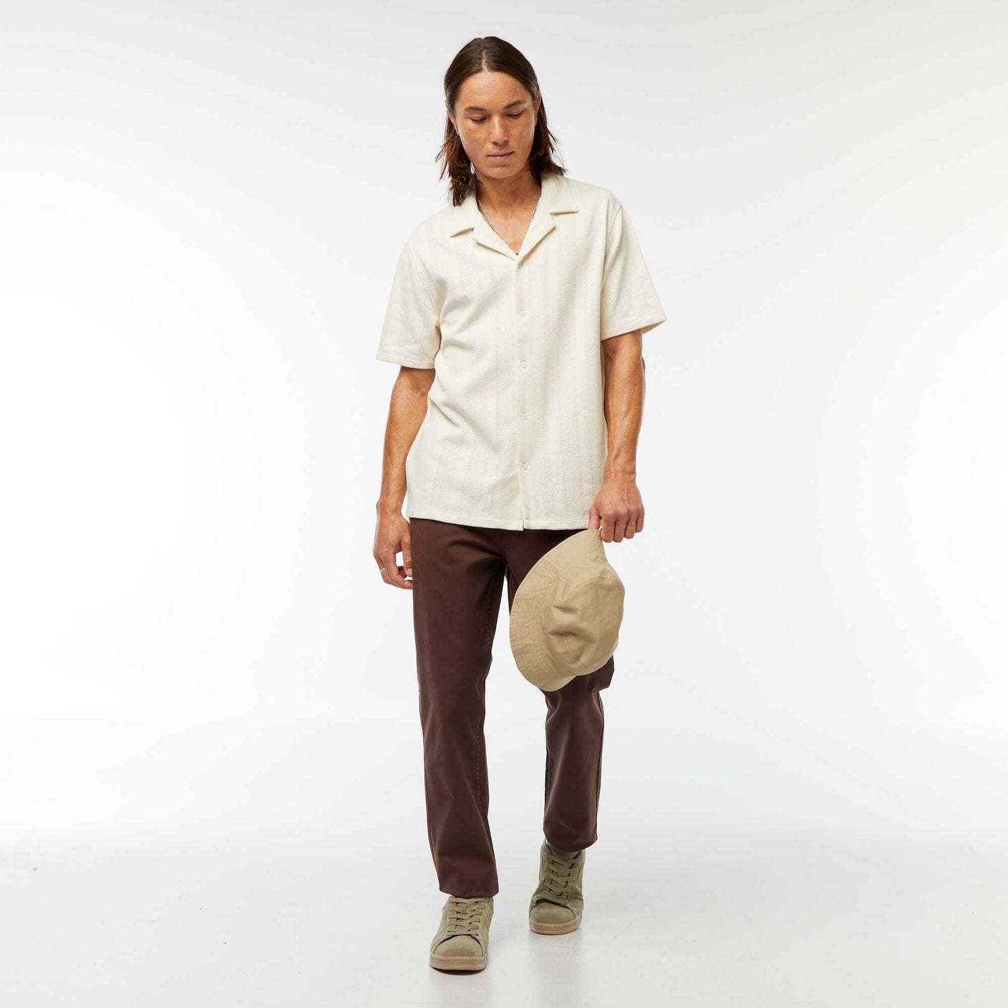 Short-sleeved openwork knit fabric shirt WHITE