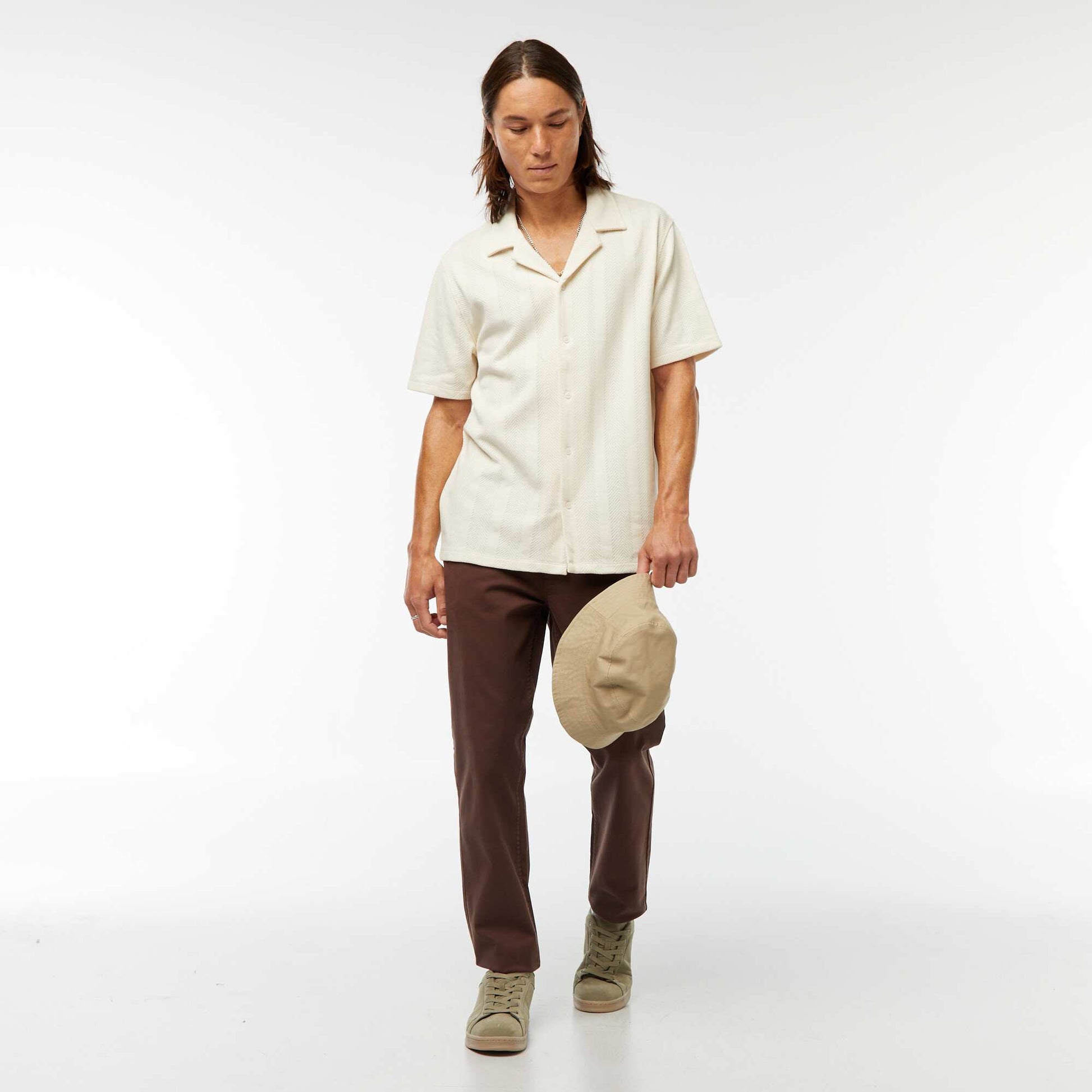 Short-sleeved openwork knit fabric shirt WHITE