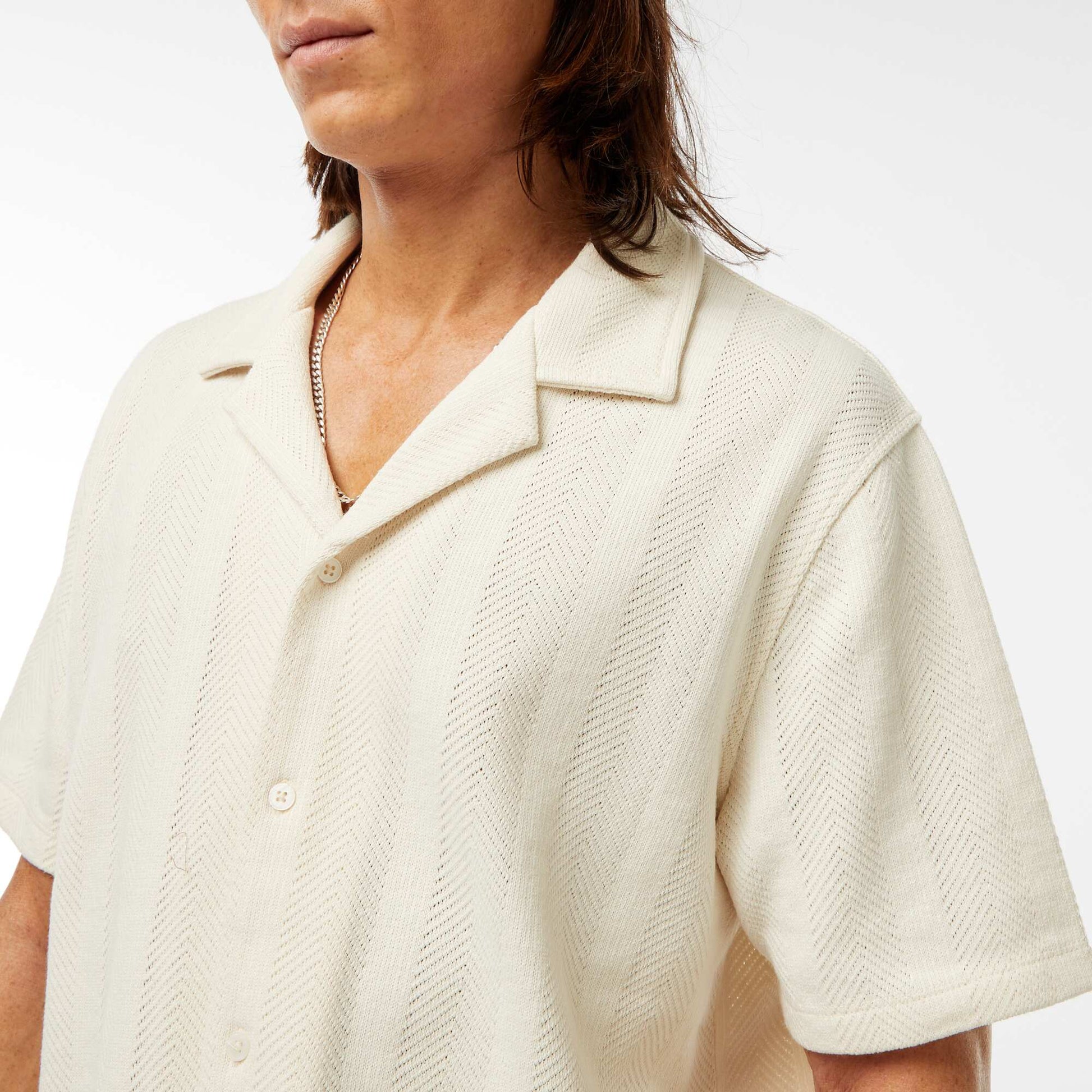 Short-sleeved openwork knit fabric shirt WHITE