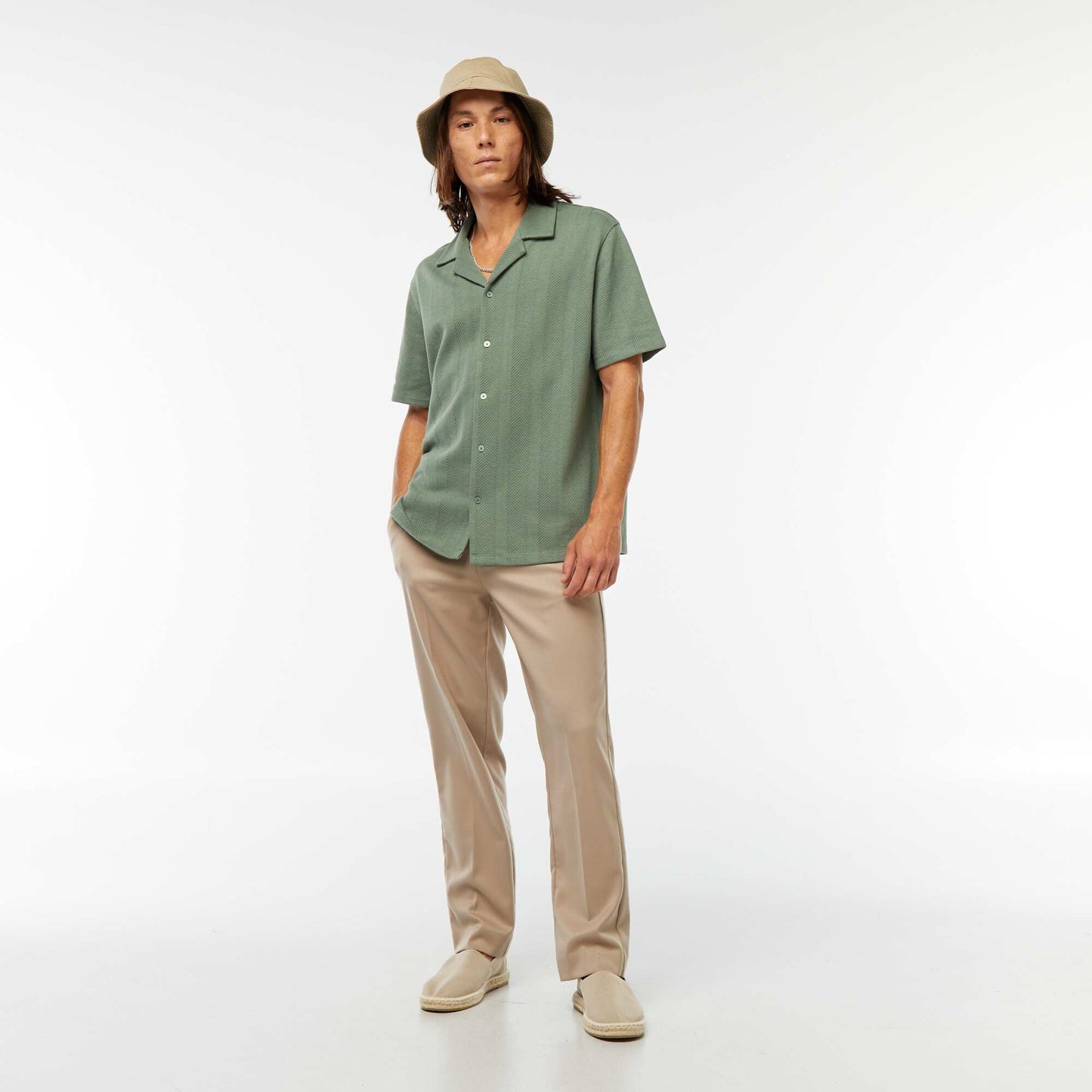 Short-sleeved openwork knit fabric shirt GREEN