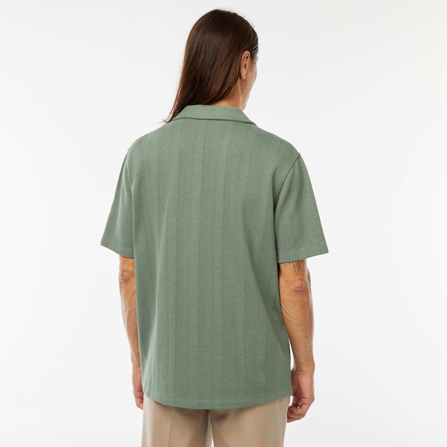 Short-sleeved openwork knit fabric shirt GREEN