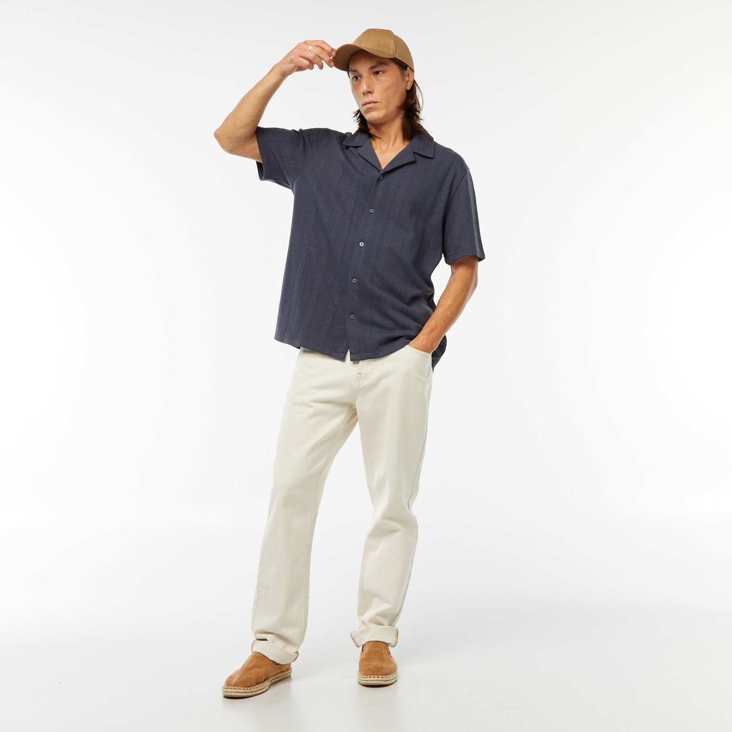 Short-sleeved openwork knit fabric shirt BLUE