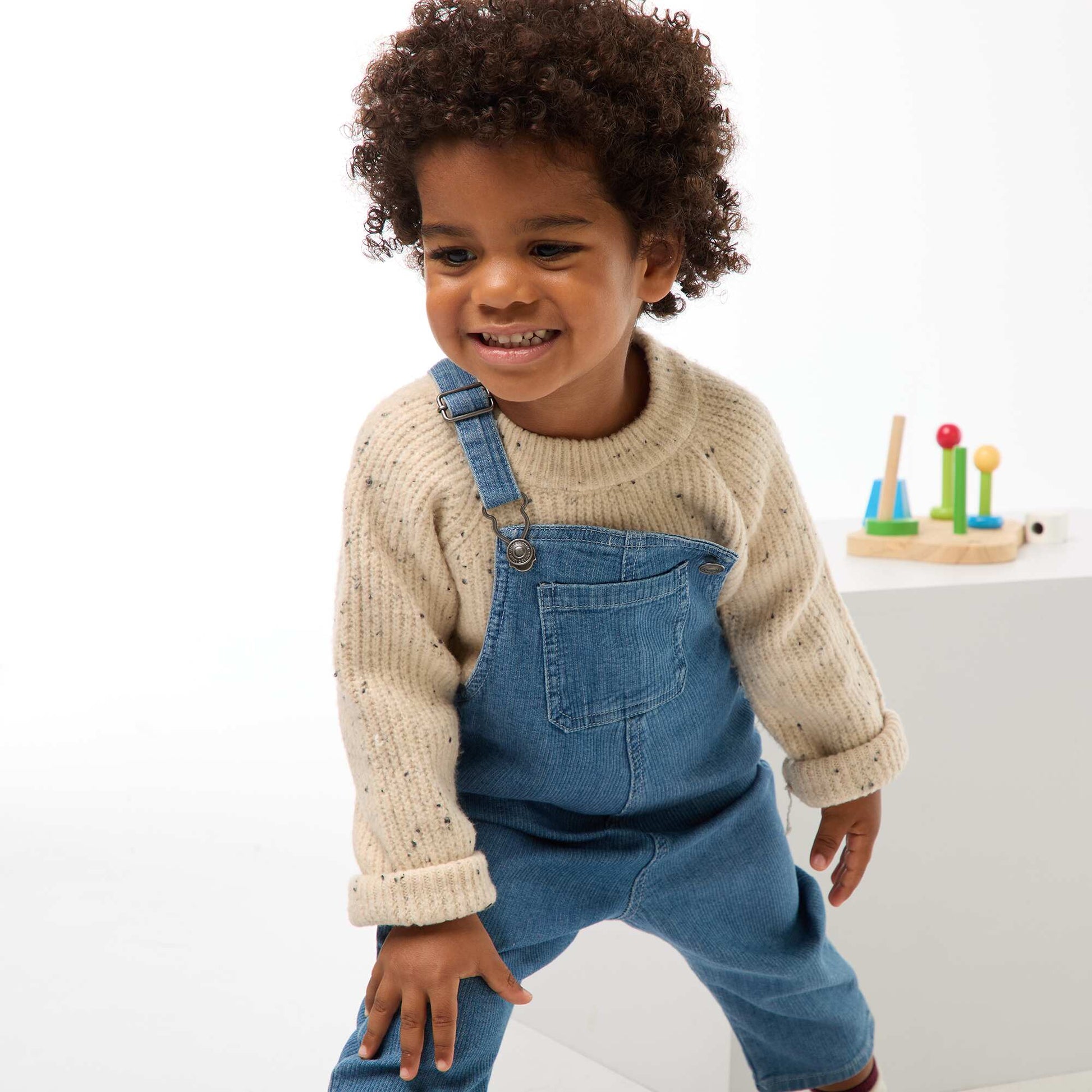 Ribbed Denim Straight Overalls BLUE
