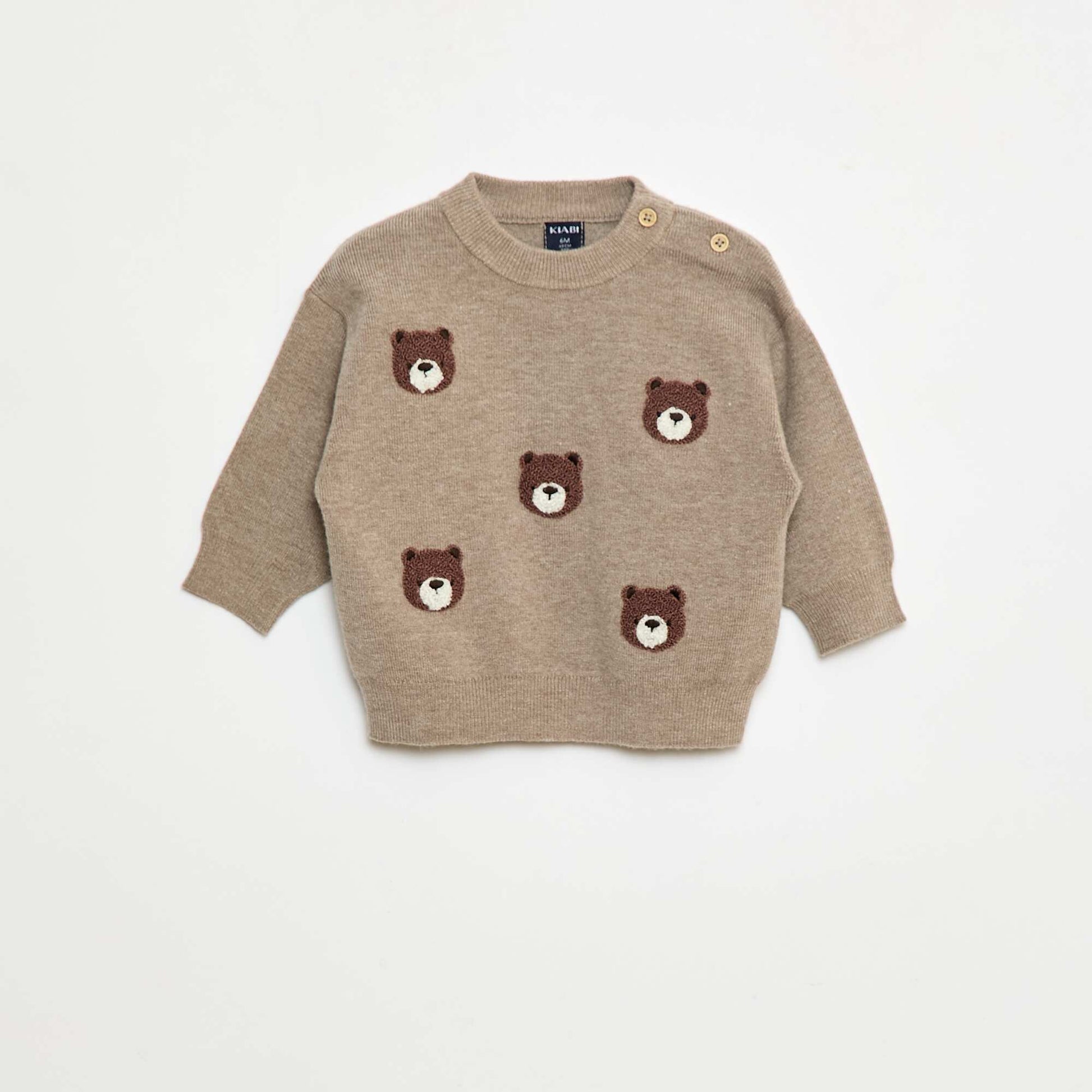 Embroidered Knit Crew Neck Sweater BEIGE