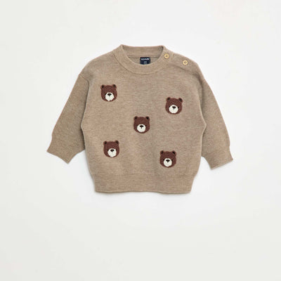 Embroidered Knit Crew Neck Sweater BEIGE