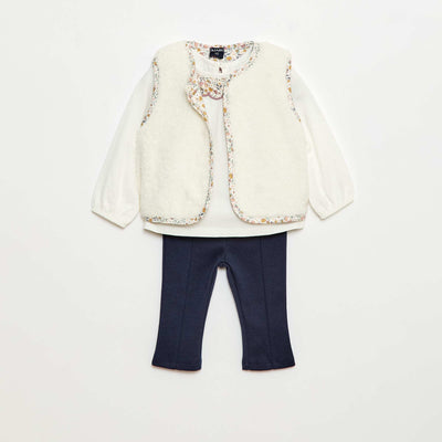 Sherpa Vest + T-shirt + Leggings Set - 3 pieces WHITE