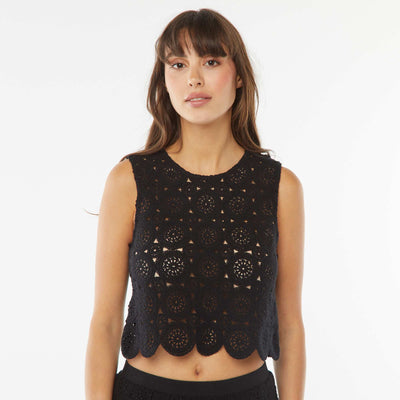 Macramé vest top with cutaway shoulders BLACK