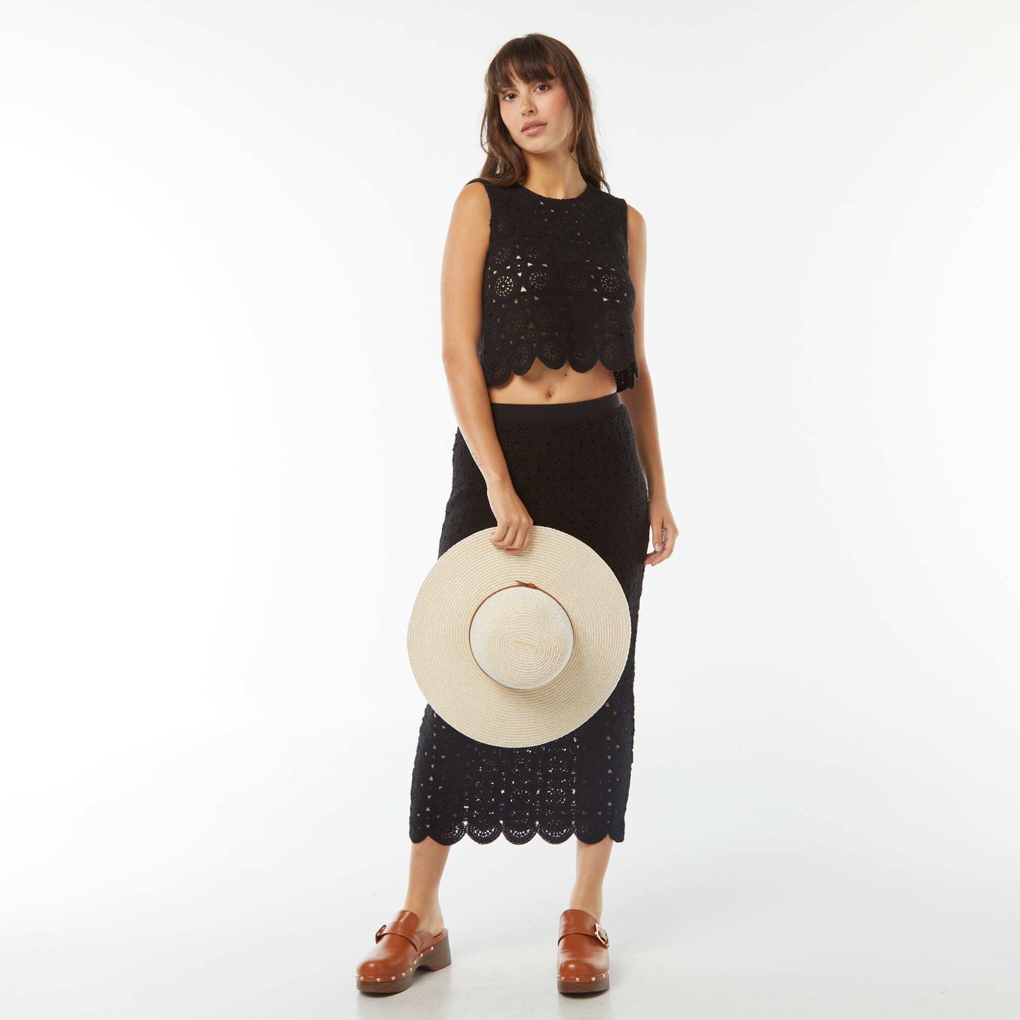 Macramé vest top with cutaway shoulders BLACK