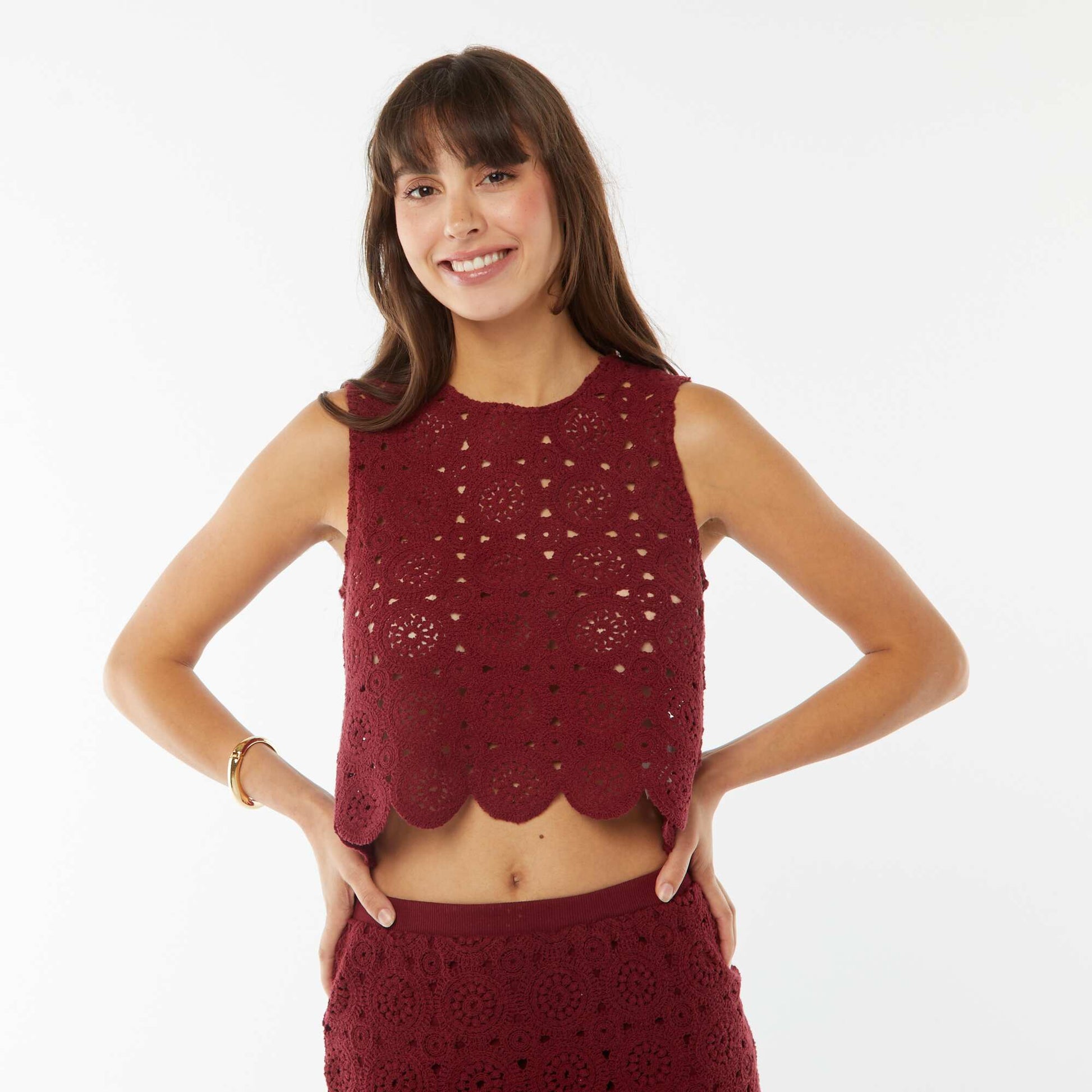 Macramé vest top with cutaway shoulders RED