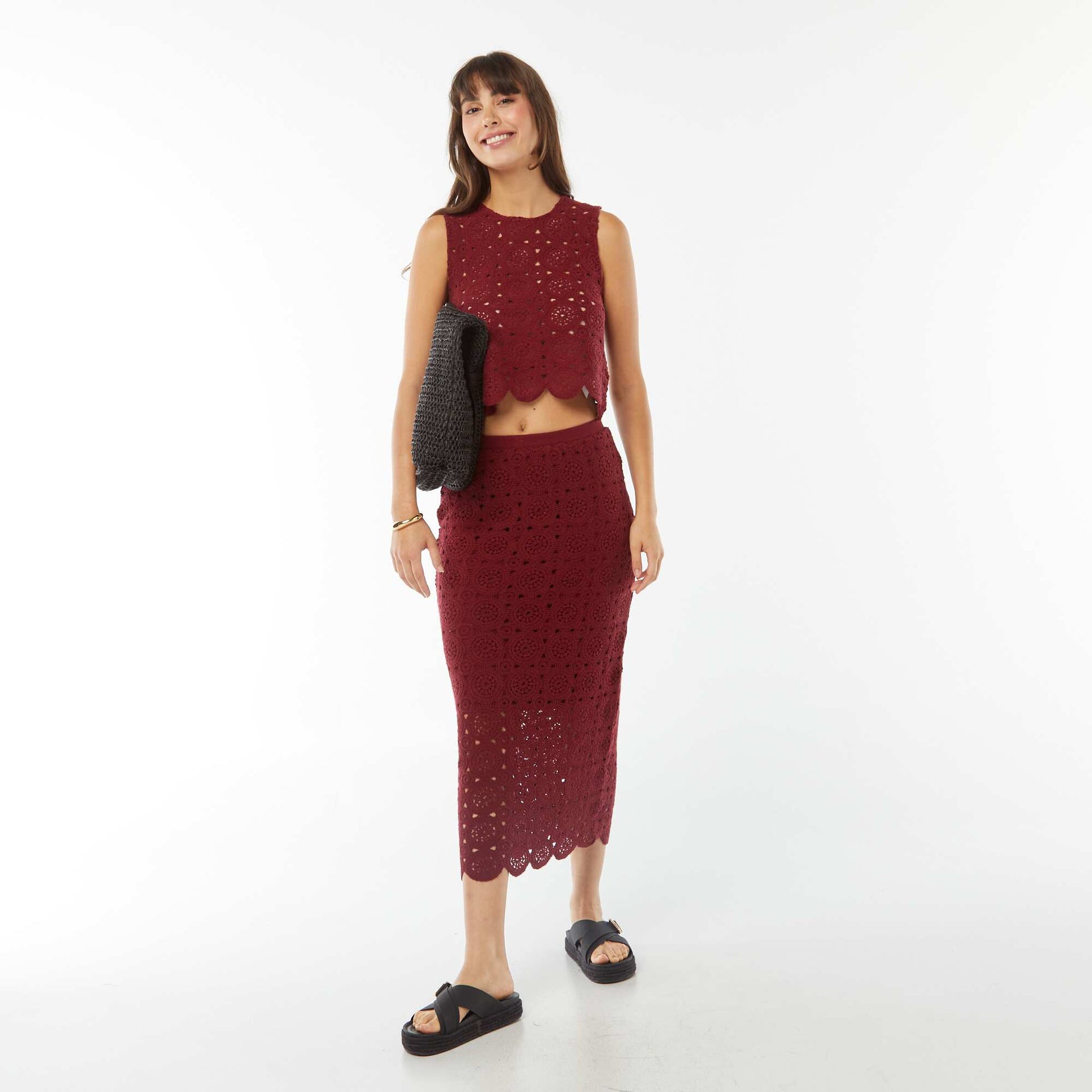 Macramé vest top with cutaway shoulders RED