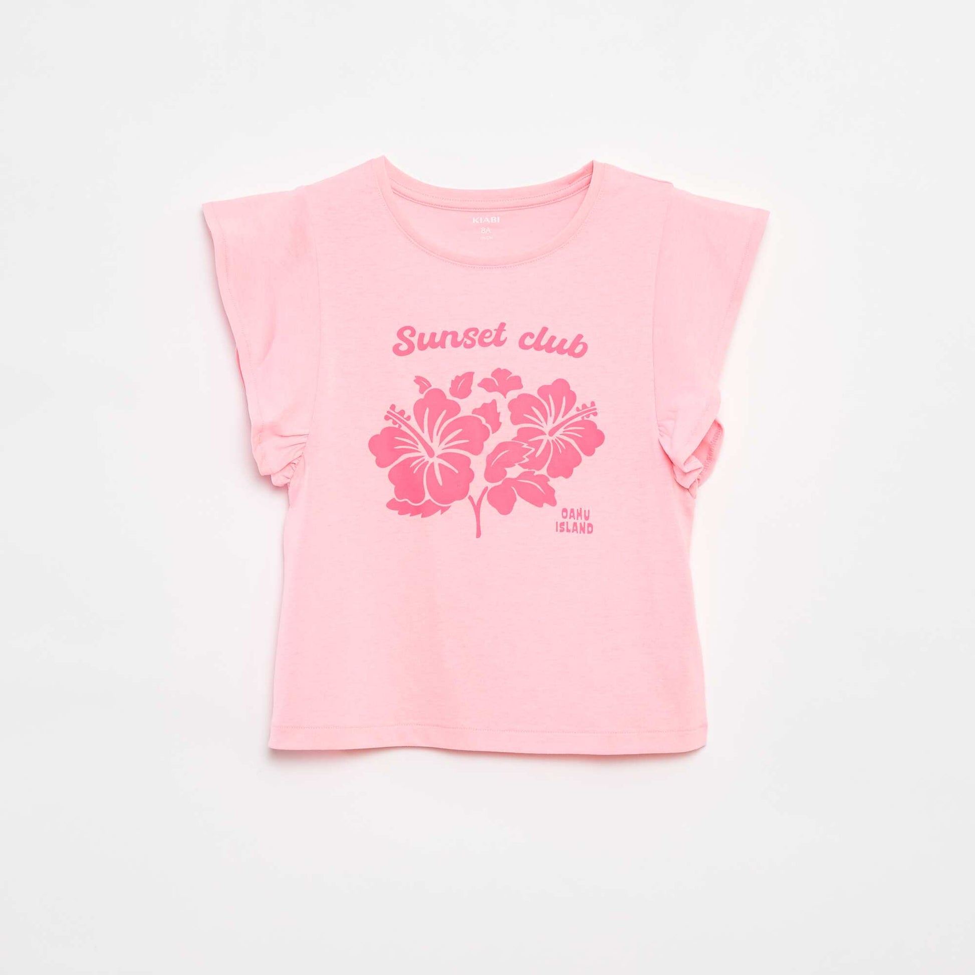 Jersey T-shirt with a print on the front and back and ruffled sleeves PINK