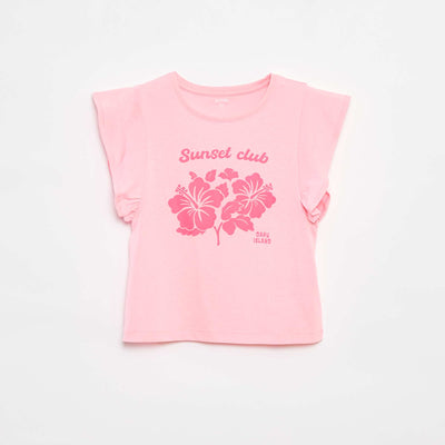 Jersey T-shirt with a print on the front and back and ruffled sleeves PINK