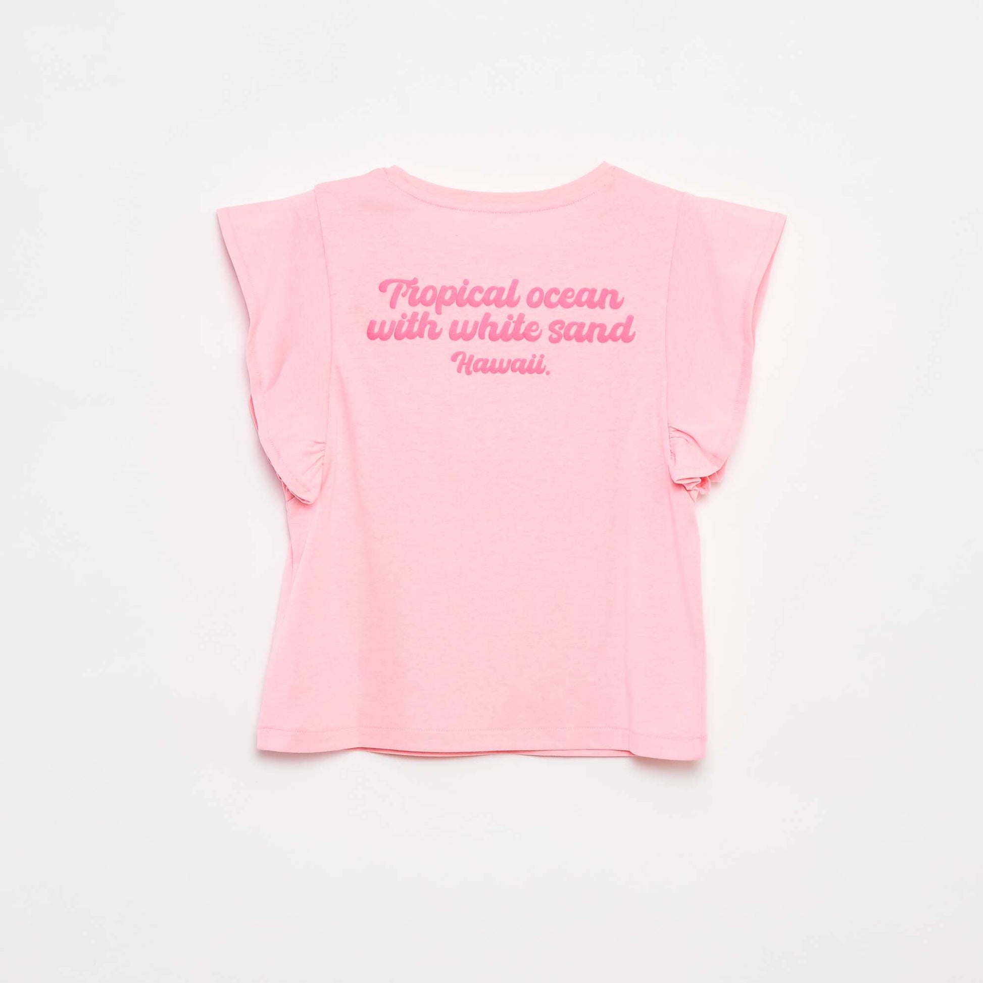Jersey T-shirt with a print on the front and back and ruffled sleeves PINK