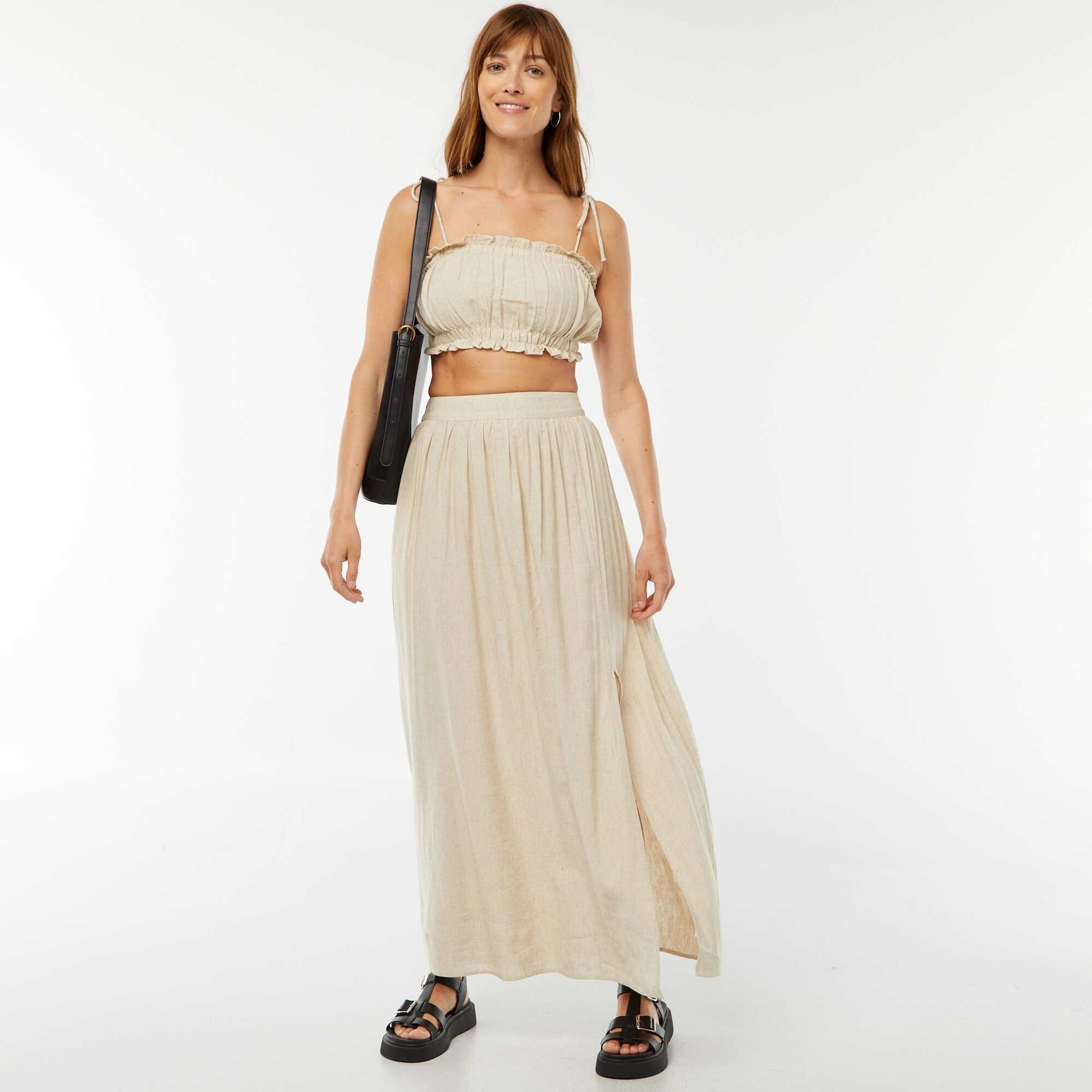 Linen-blend top with tie straps BEIGE