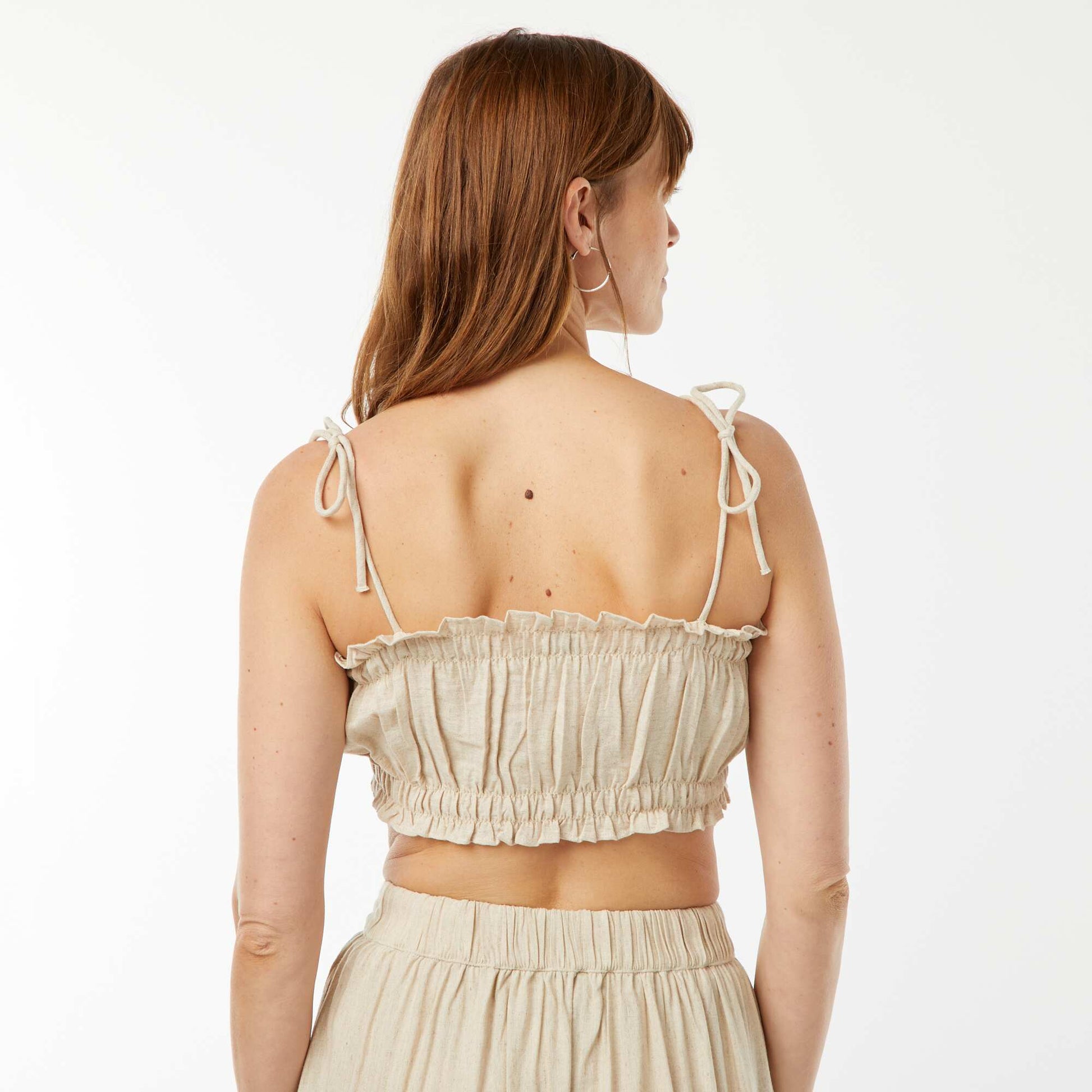 Linen-blend top with tie straps BEIGE