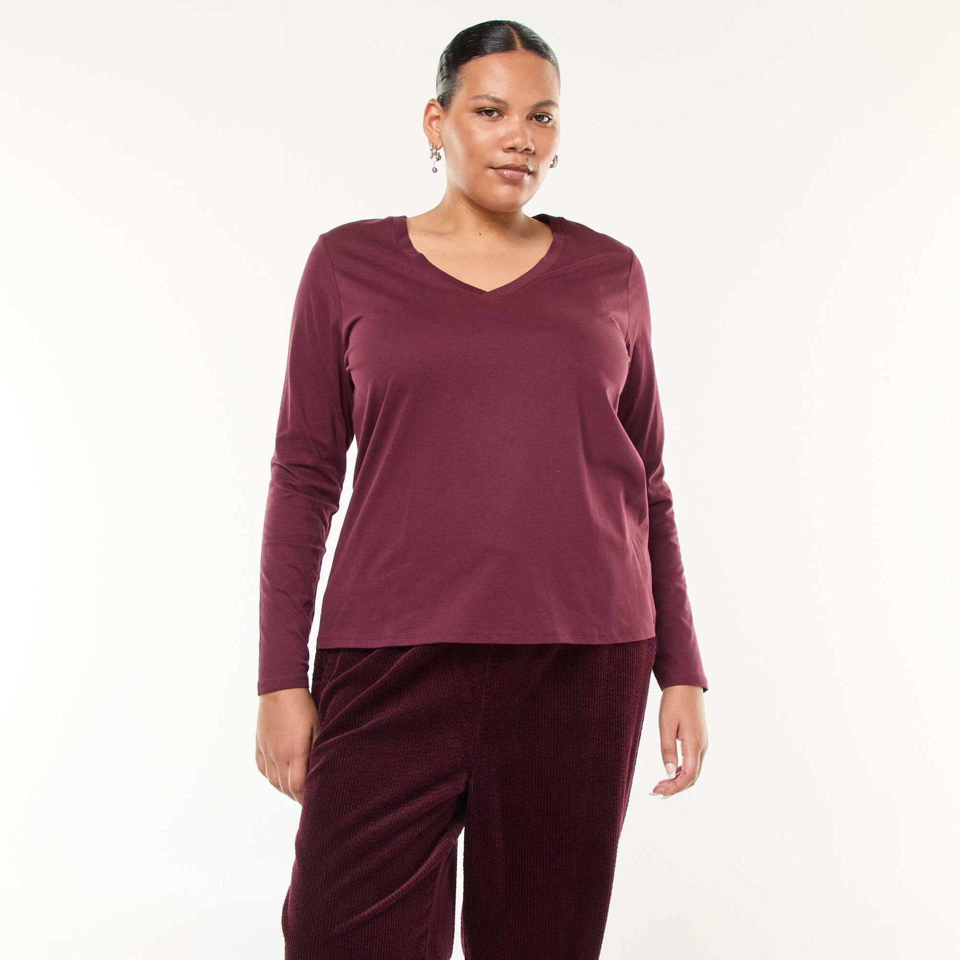 Jersey V-neck Long-Sleeve T-shirt RED