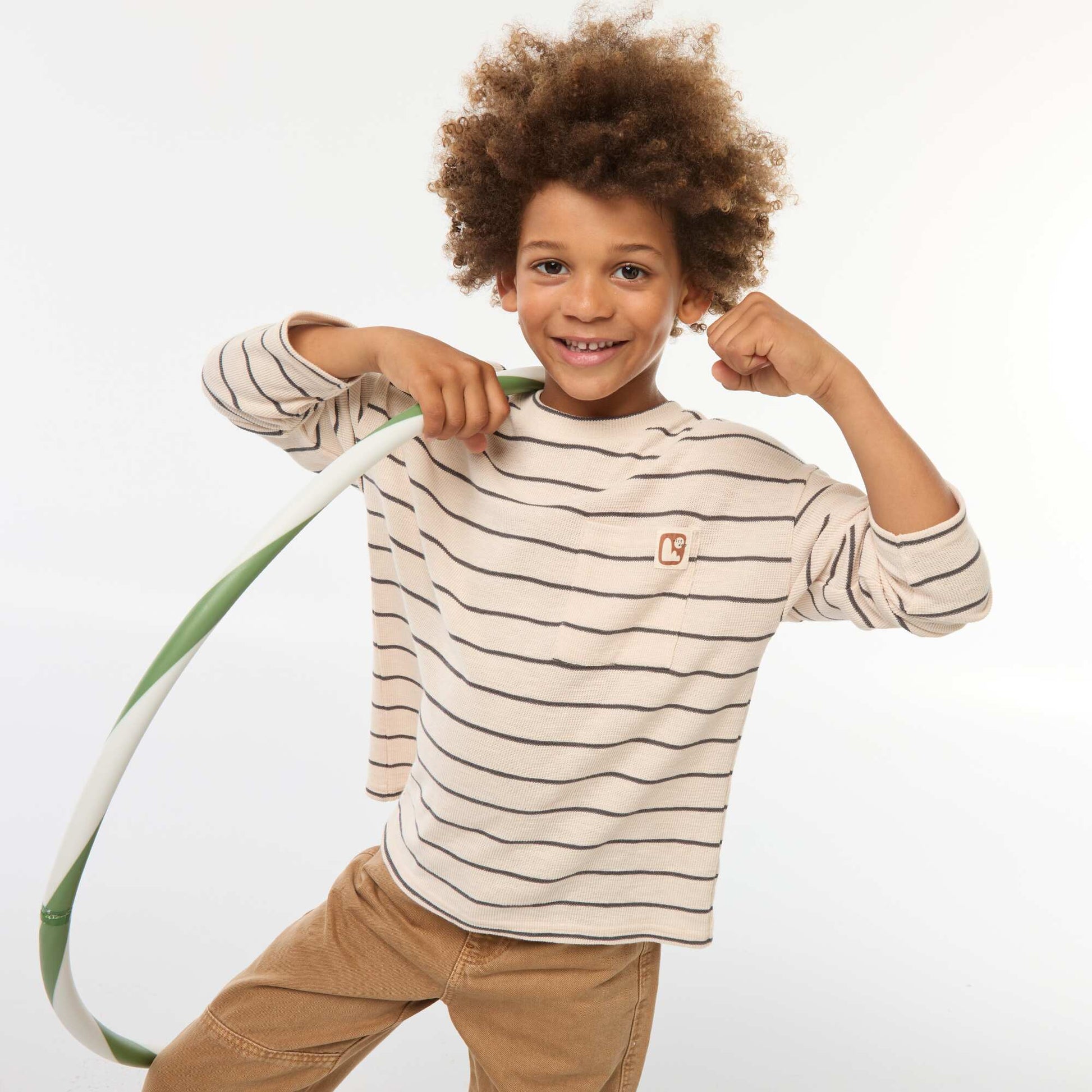Striped knit fabric T-shirt BEIGE