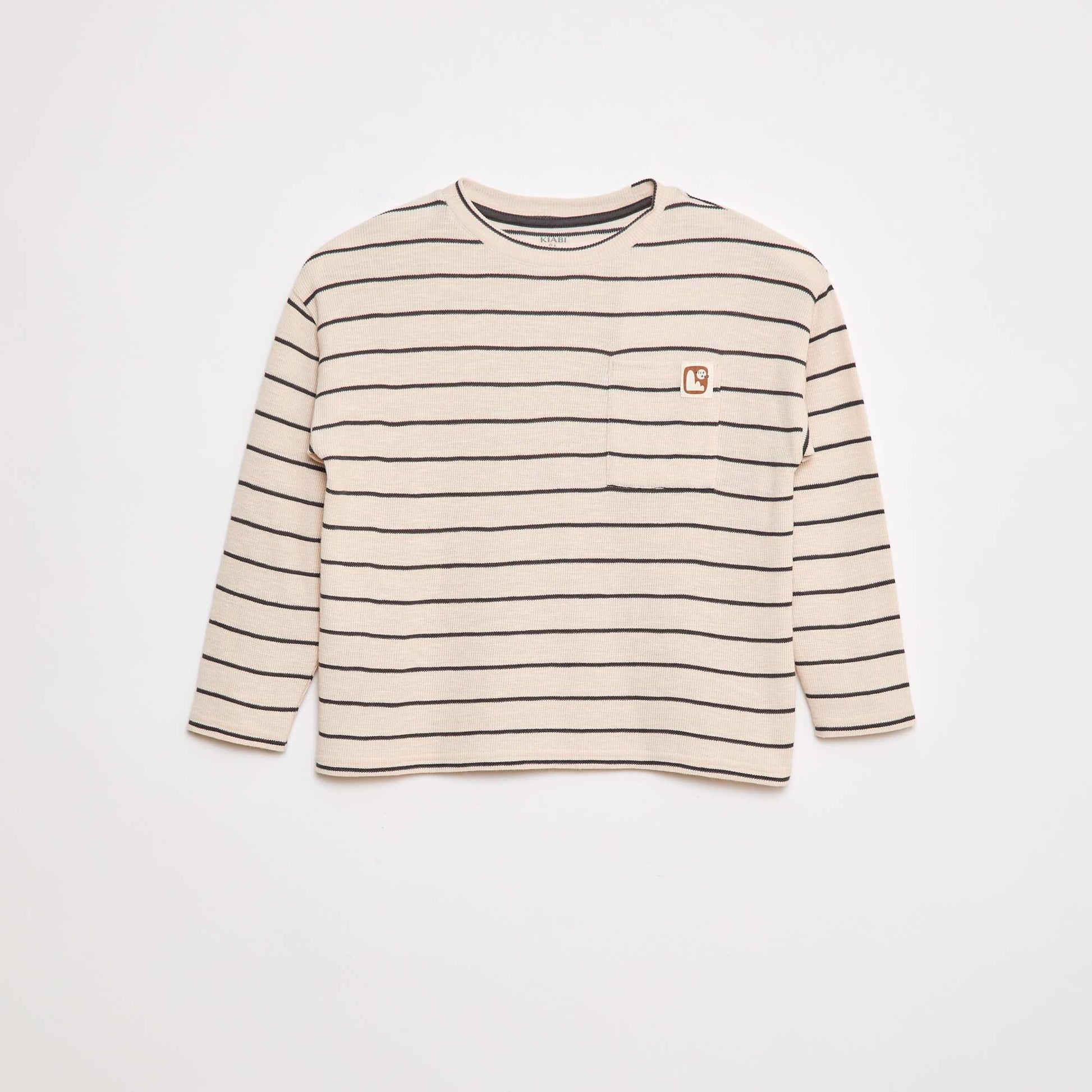 Striped knit fabric T-shirt BEIGE