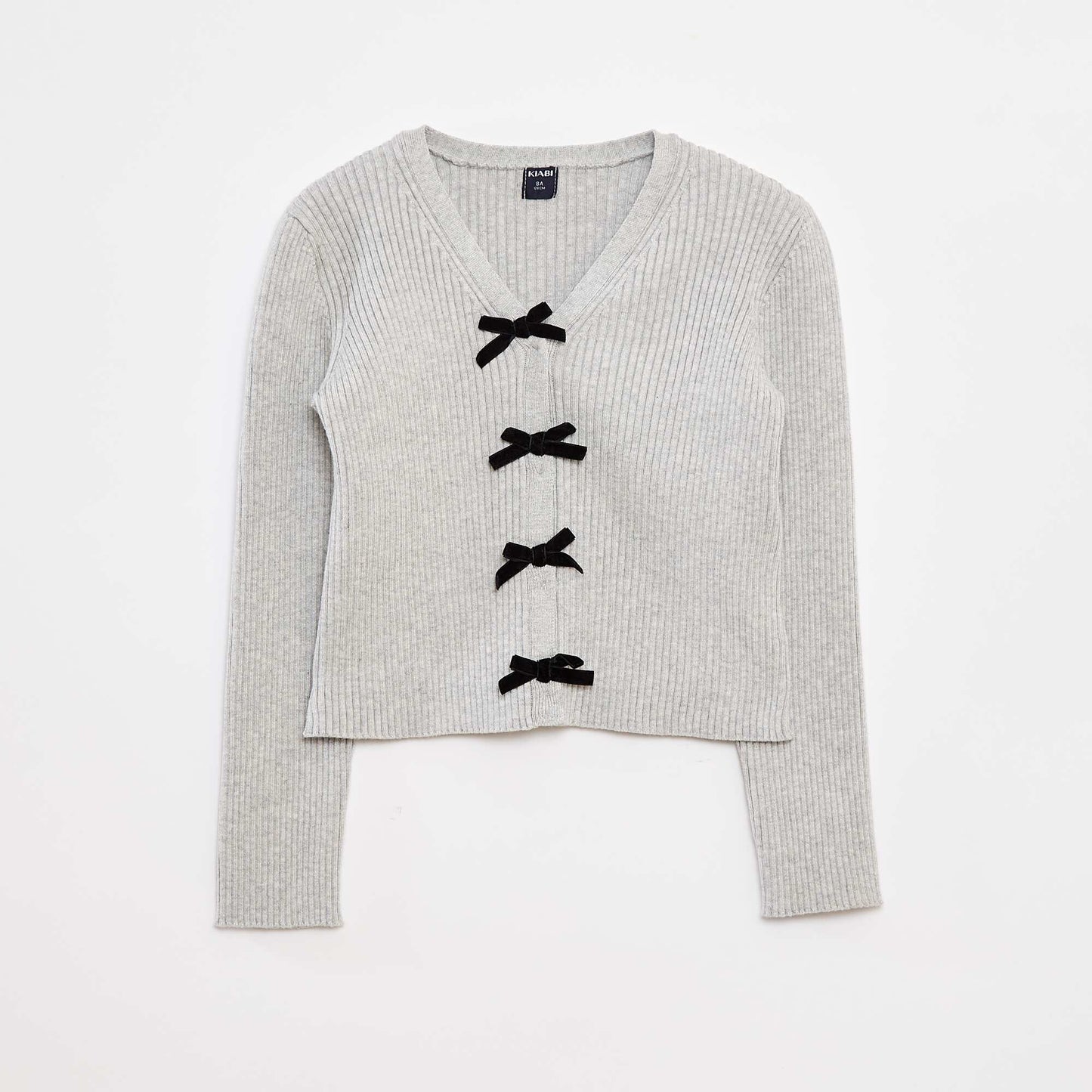 Ribbed cardigan with velvet bows GREY