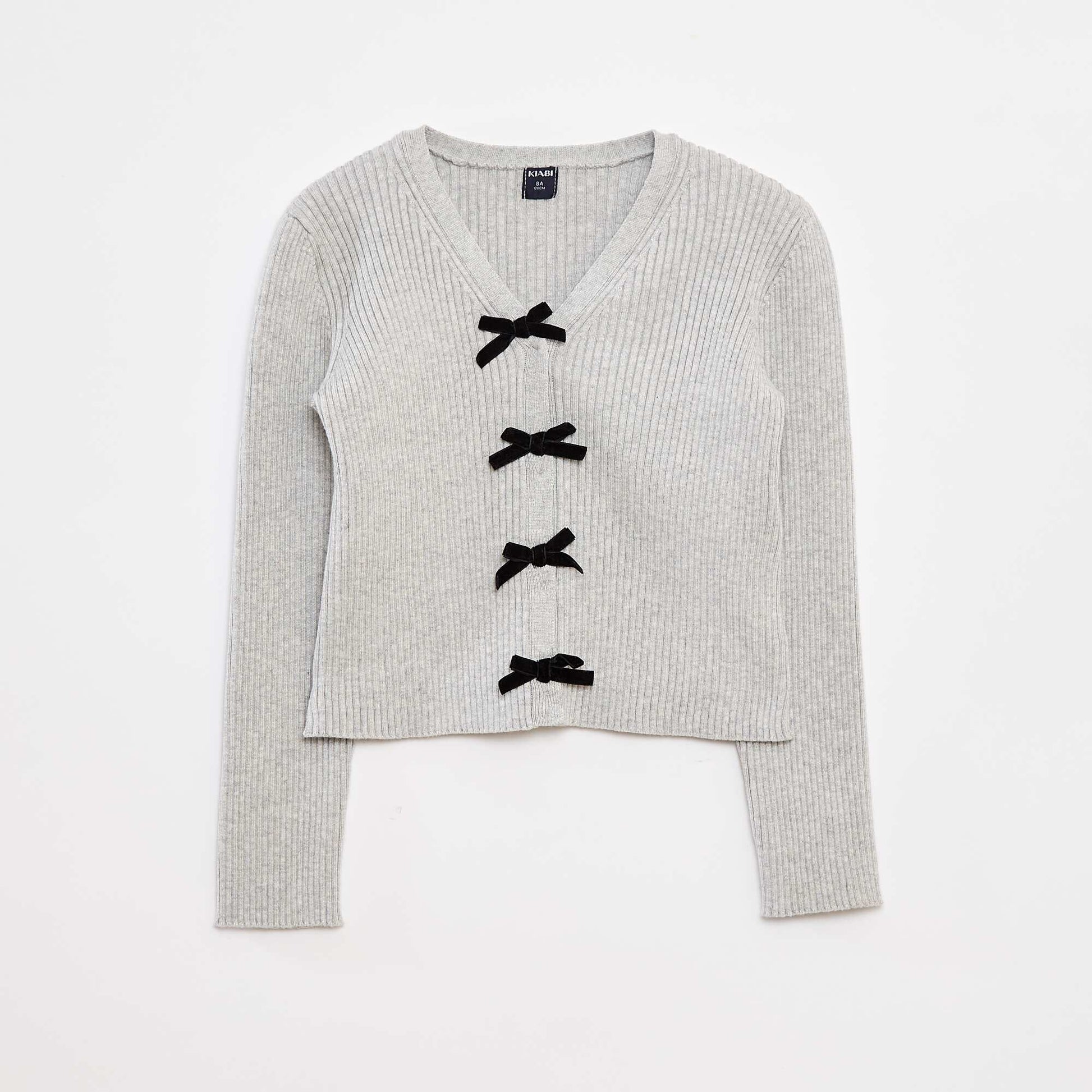 Ribbed cardigan with velvet bows GREY