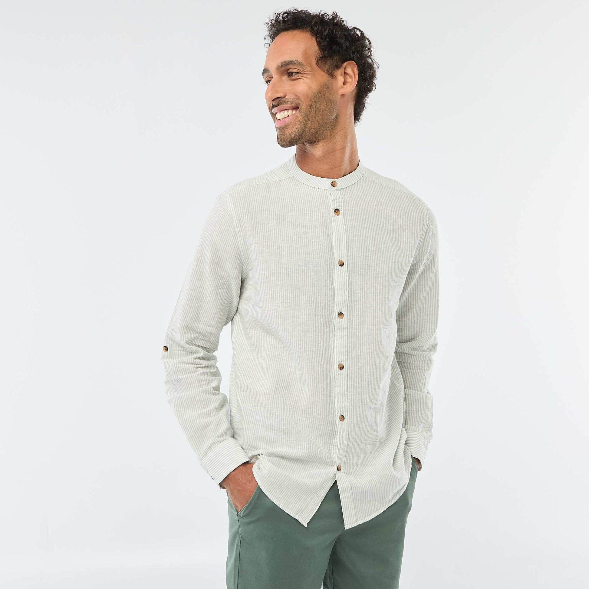 Solid Linen-Blend Shirt with Roll-Up Long Sleeves GREEN