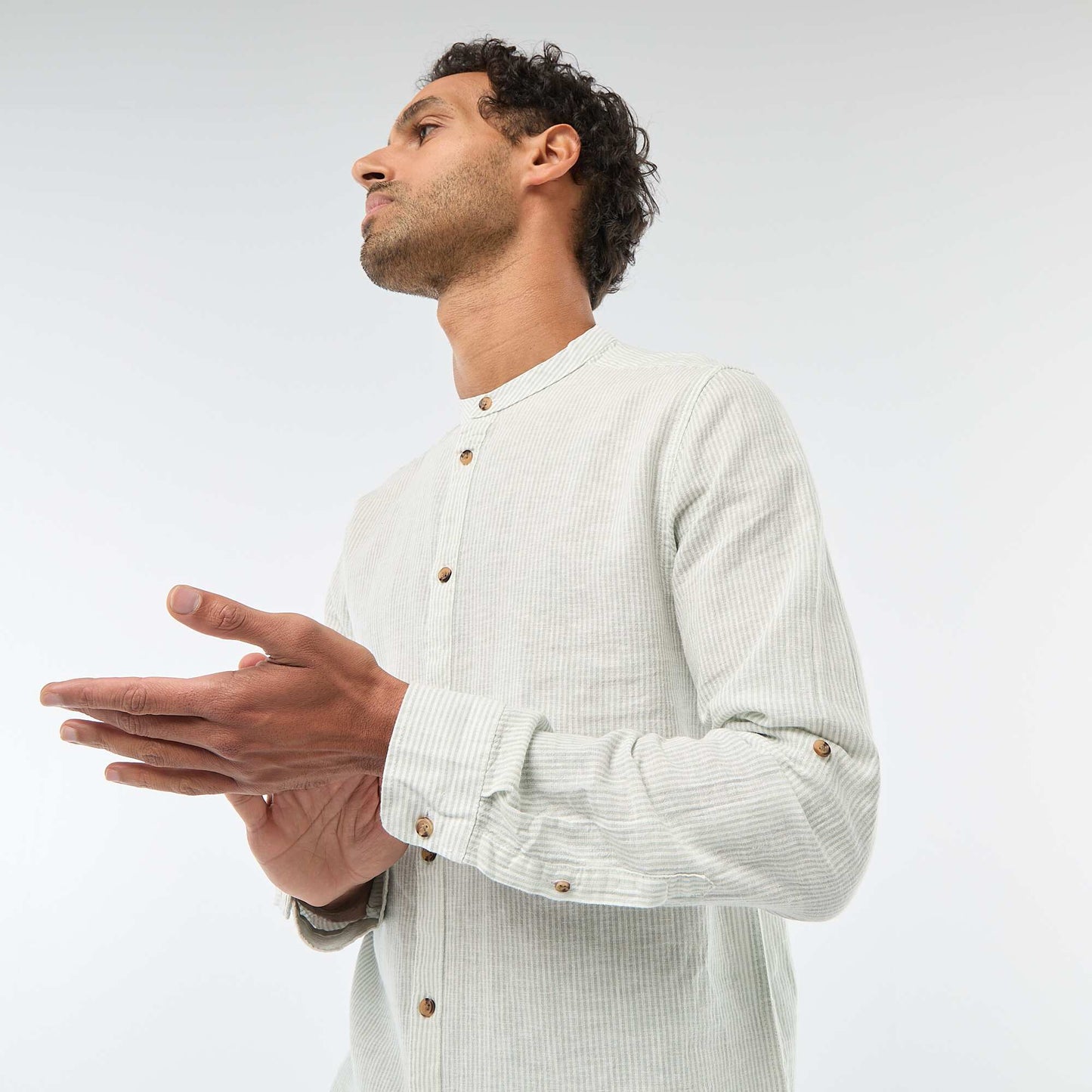 Solid Linen-Blend Shirt with Roll-Up Long Sleeves GREEN