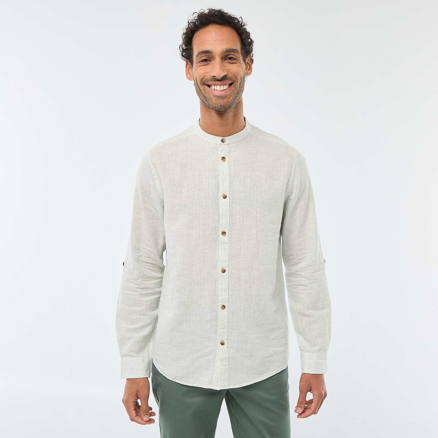 Solid Linen-Blend Shirt with Roll-Up Long Sleeves GREEN