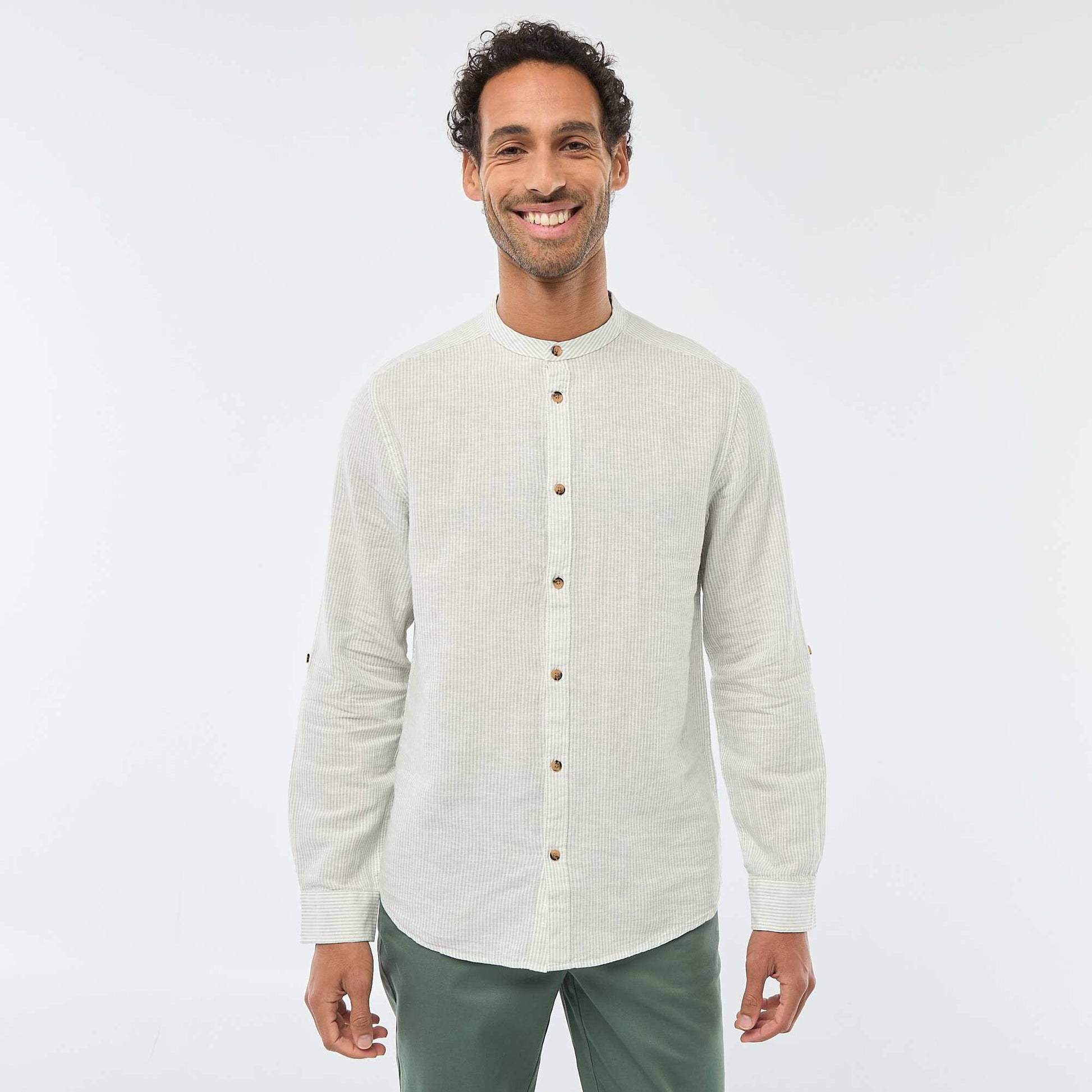 Solid Linen-Blend Shirt with Roll-Up Long Sleeves GREEN