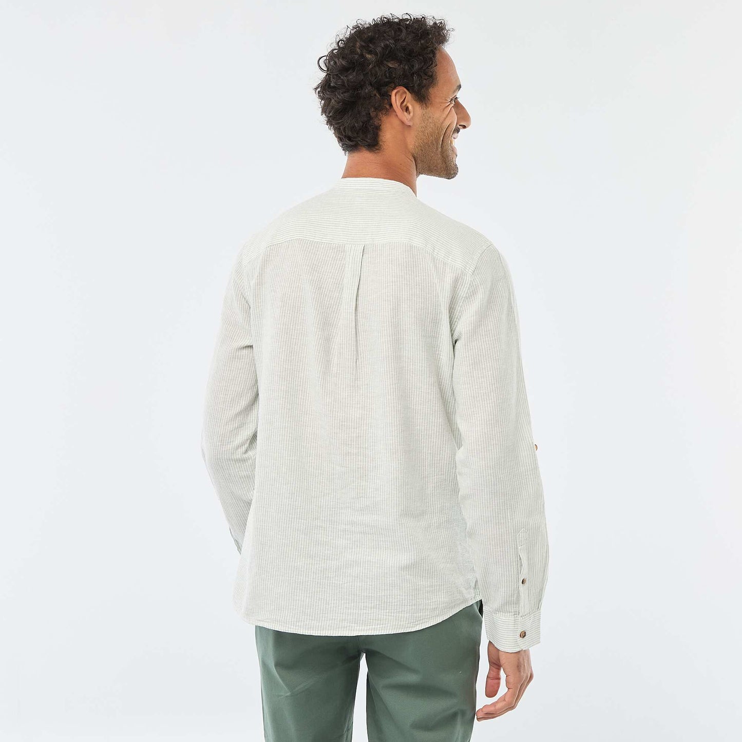 Solid Linen-Blend Shirt with Roll-Up Long Sleeves GREEN