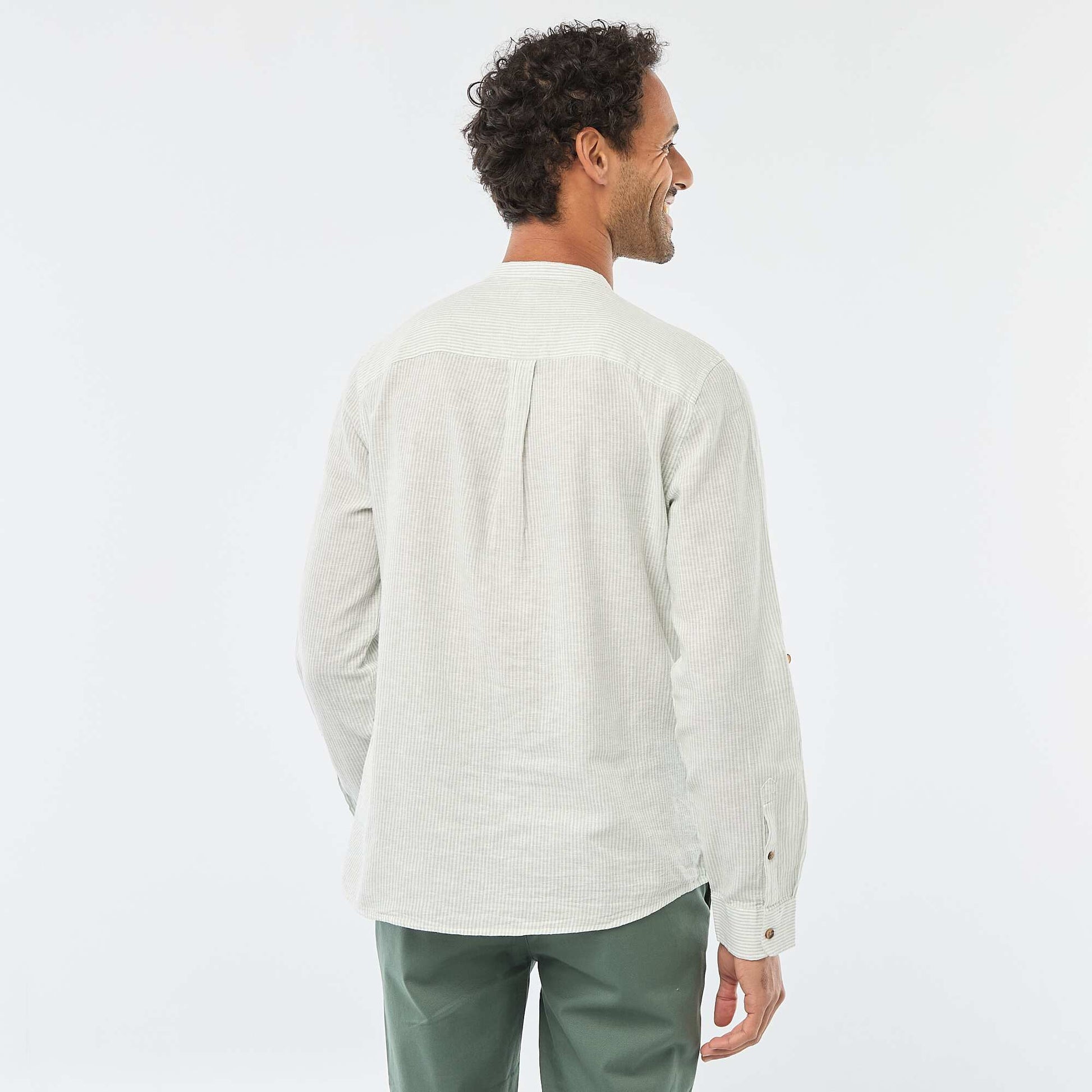 Solid Linen-Blend Shirt with Roll-Up Long Sleeves GREEN