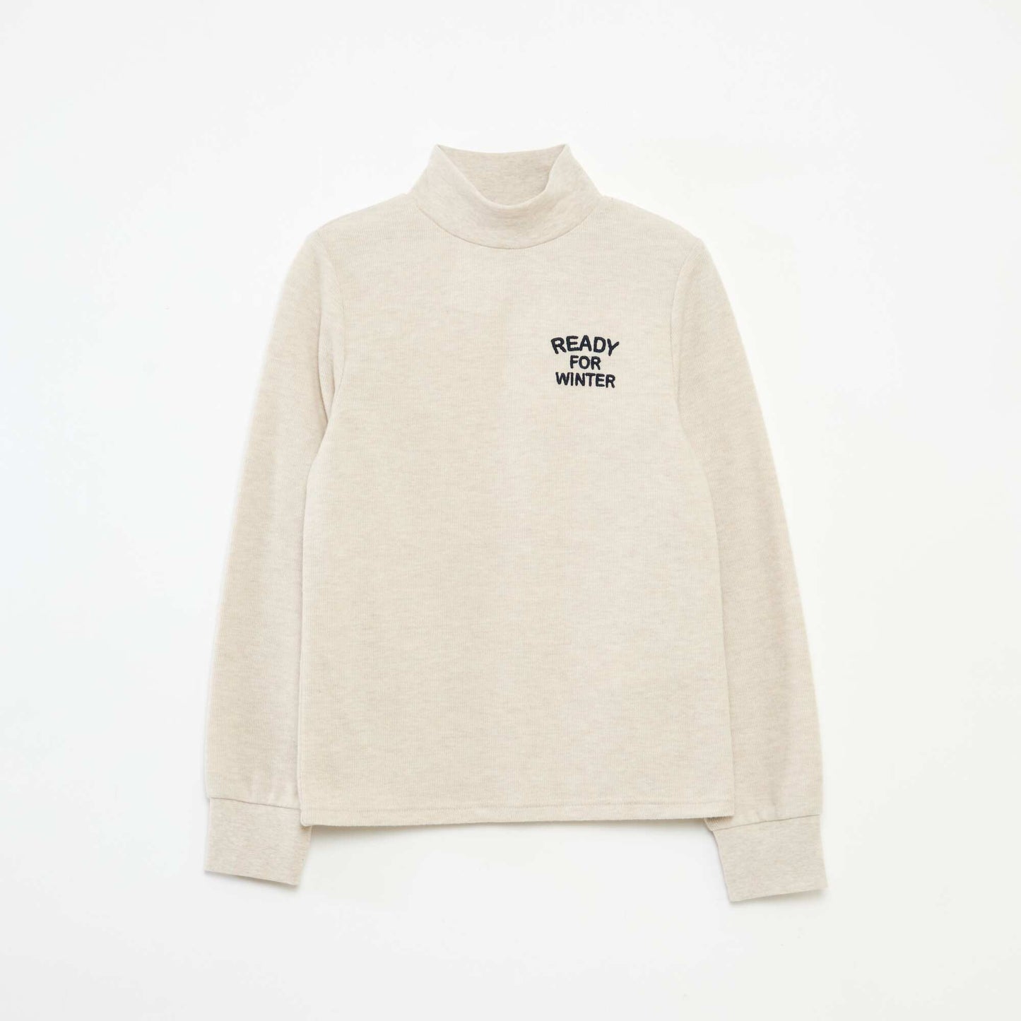 Plain Cotton Embroidered Turtleneck Top BEIGE