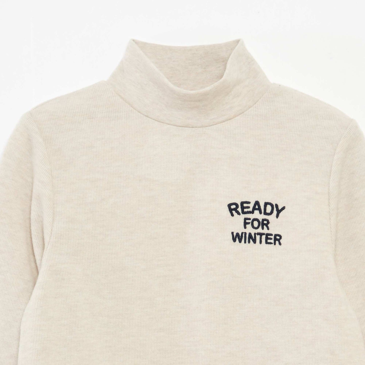 Plain Cotton Embroidered Turtleneck Top BEIGE