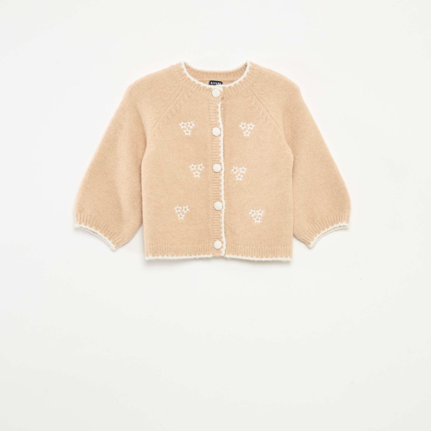 Round Neck Cardigan with Embroidered Flowers WHITE